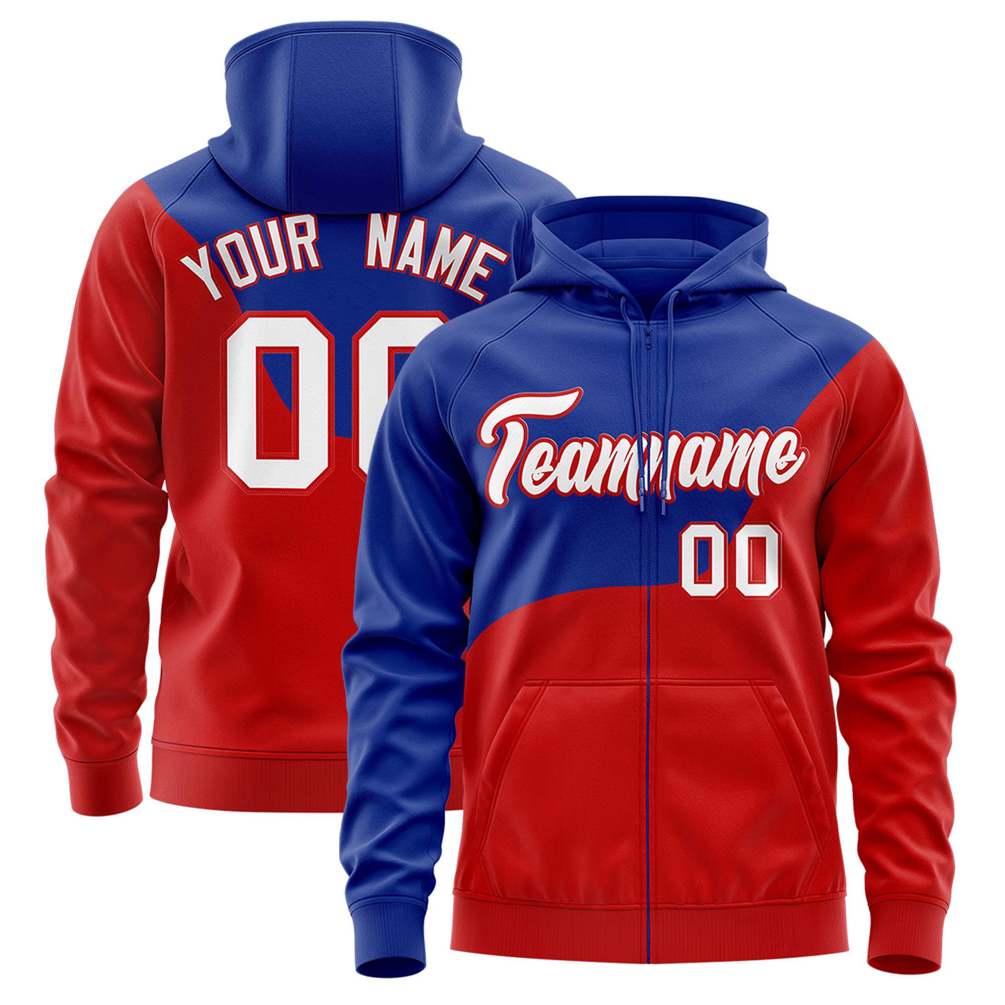 Custom Royal Red Color Block Varsity Full-Zip Letterman Wave Hoodie Jacket