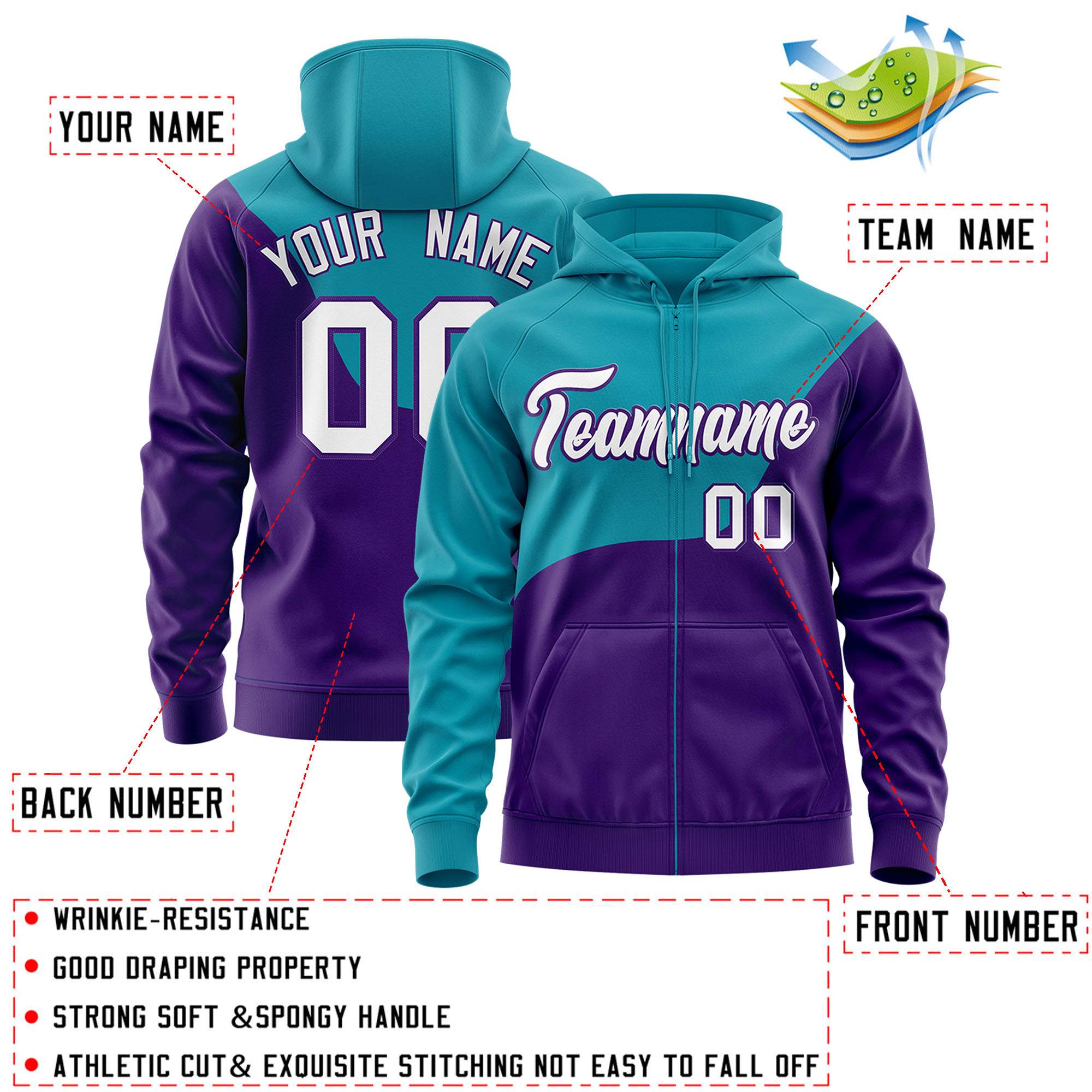 Custom Teal Purple Color Block Varsity Full-Zip Letterman Wave Hoodie Jacket