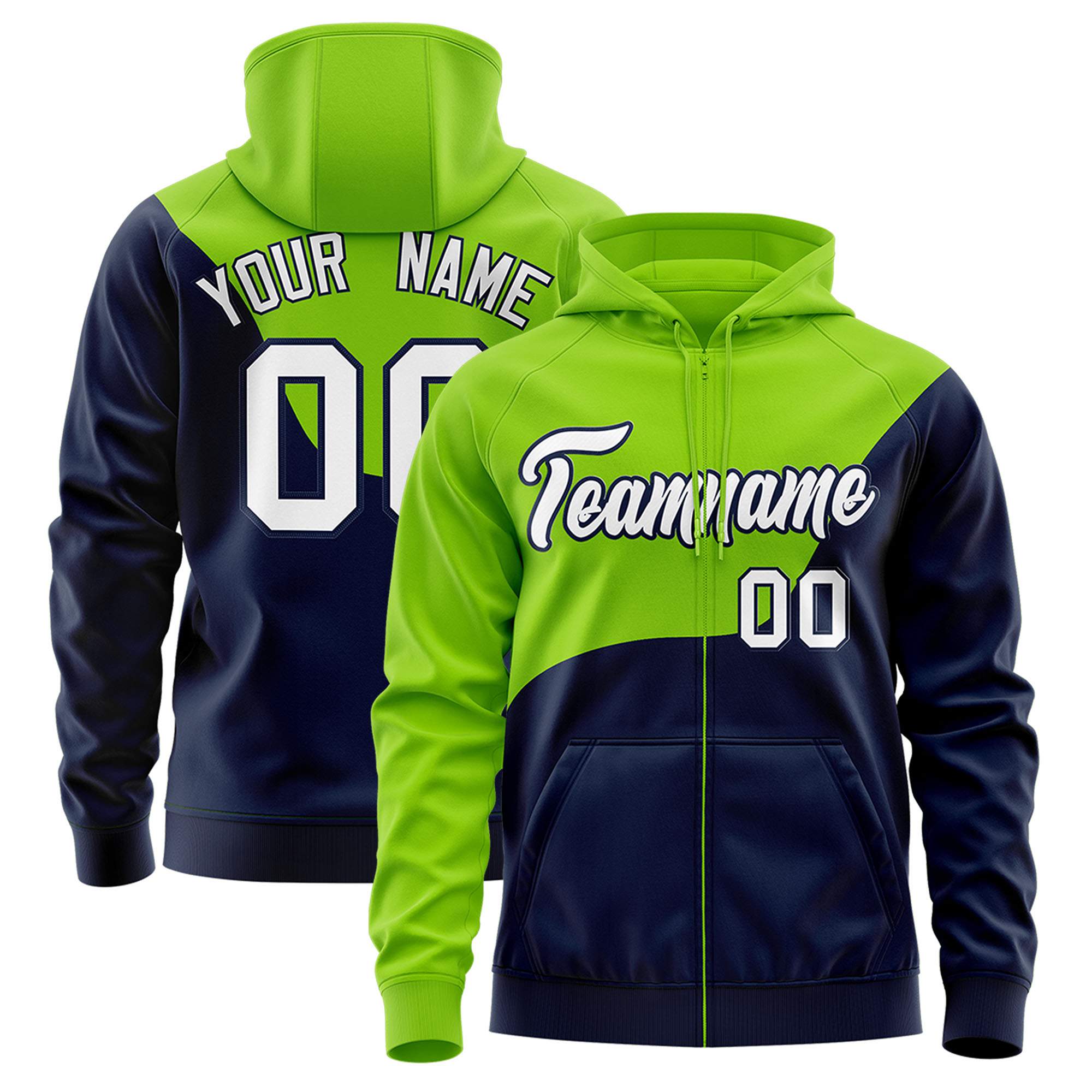 Custom Neon Green Navy Color Block Varsity Full-Zip Letterman Wave Hoodie Jacket