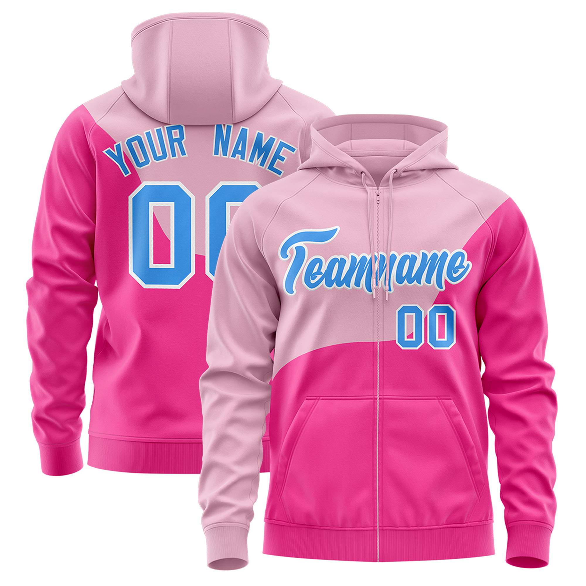 Custom Light Pink Pink Color Block Varsity Full-Zip Letterman Wave Hoodie Jacket