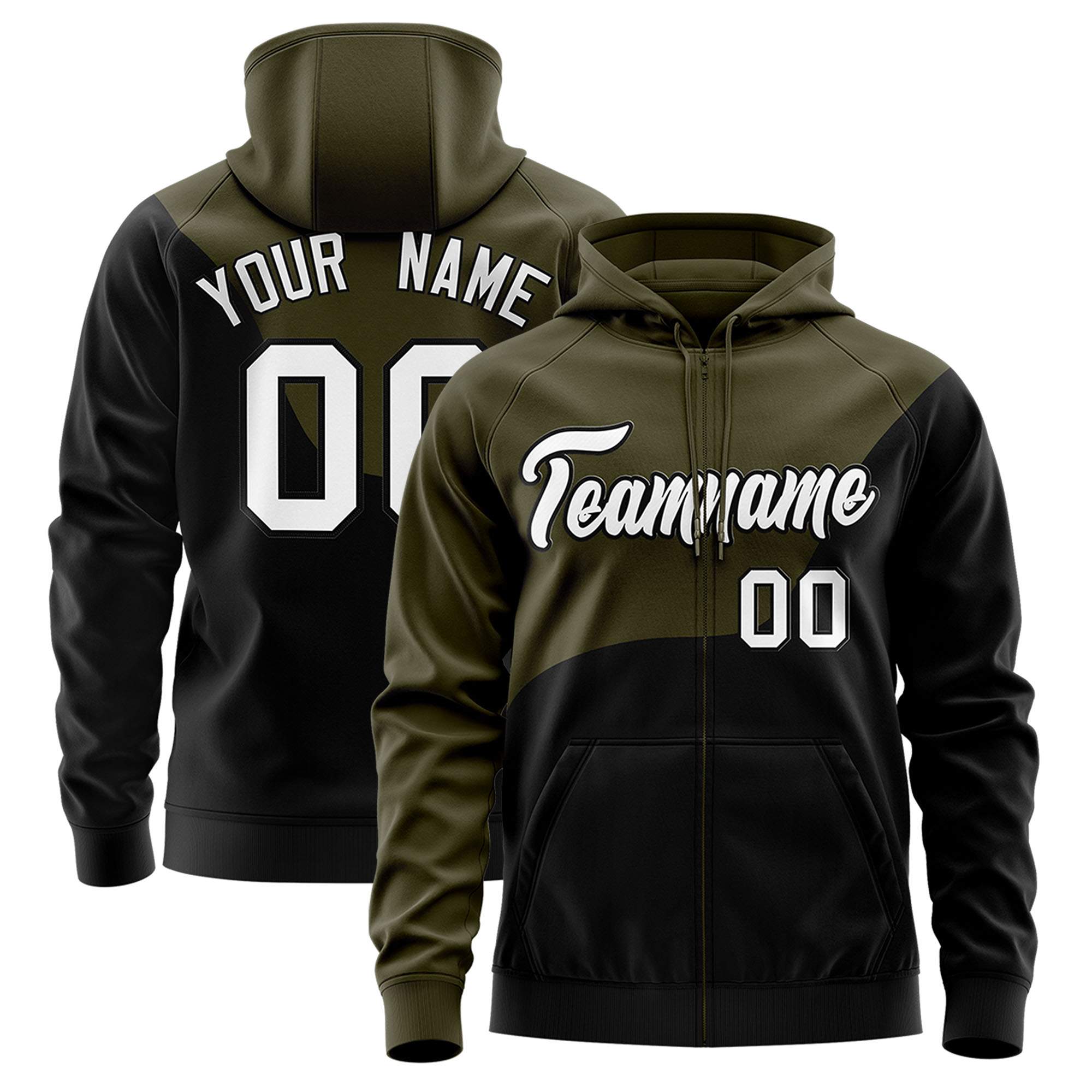 Custom Olive Black Color Block Varsity Full-Zip Letterman Wave Hoodie Jacket