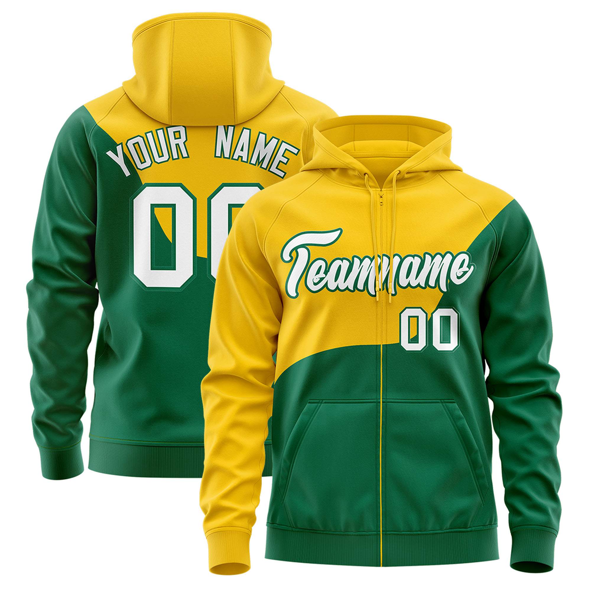 Custom Gold Kelly Green Color Block Varsity Full-Zip Letterman Wave Hoodie Jacket