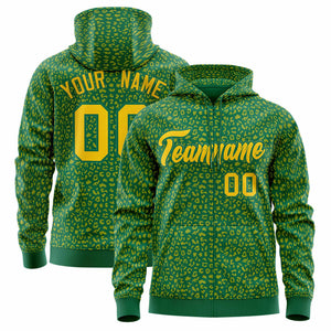 Custom Kelly Green Gold Varsity Full-Zip Letterman Leopard Print Hoodie Jacket