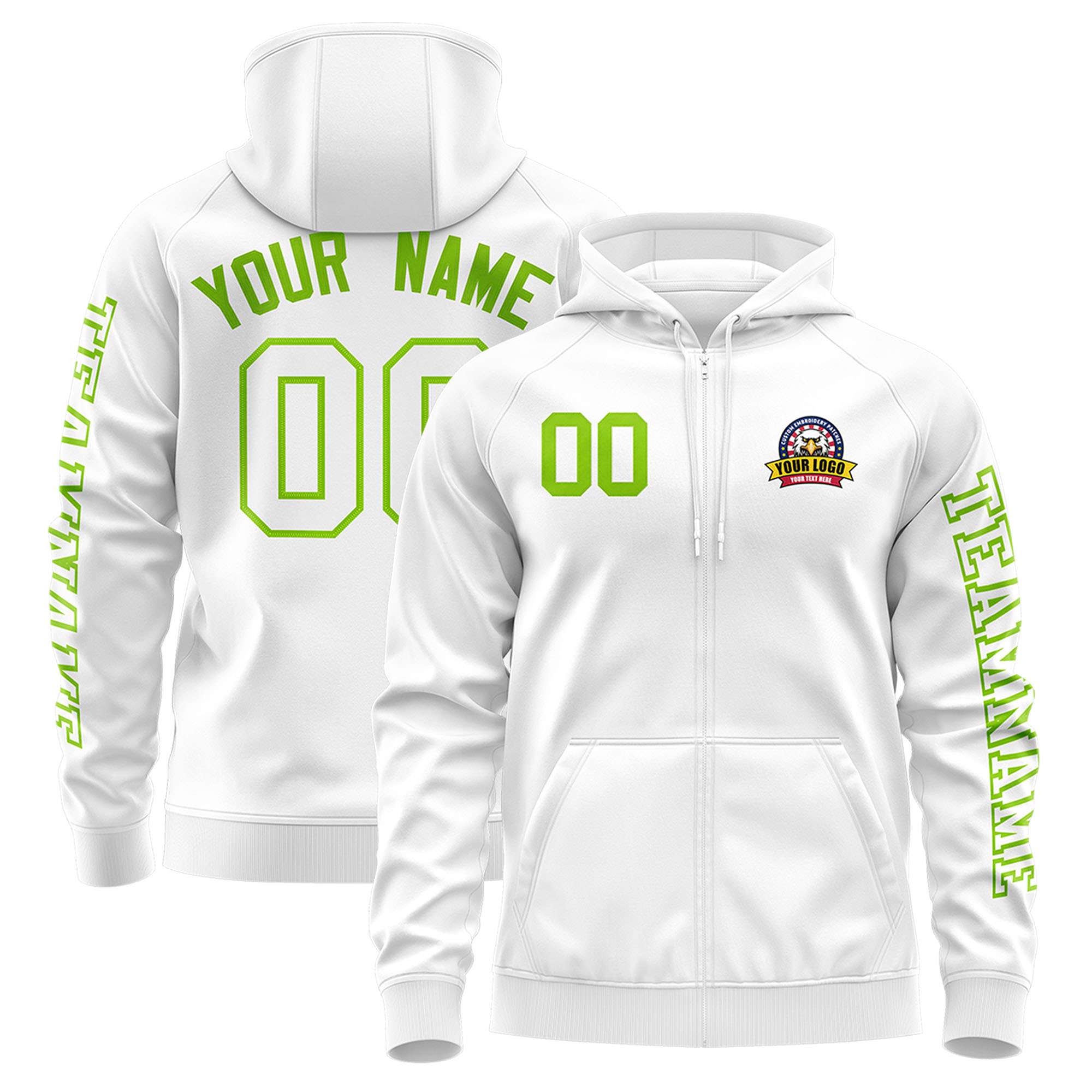 Custom White Neon Green Varsity Full-Zip Letterman Classic Hoodie Jacket