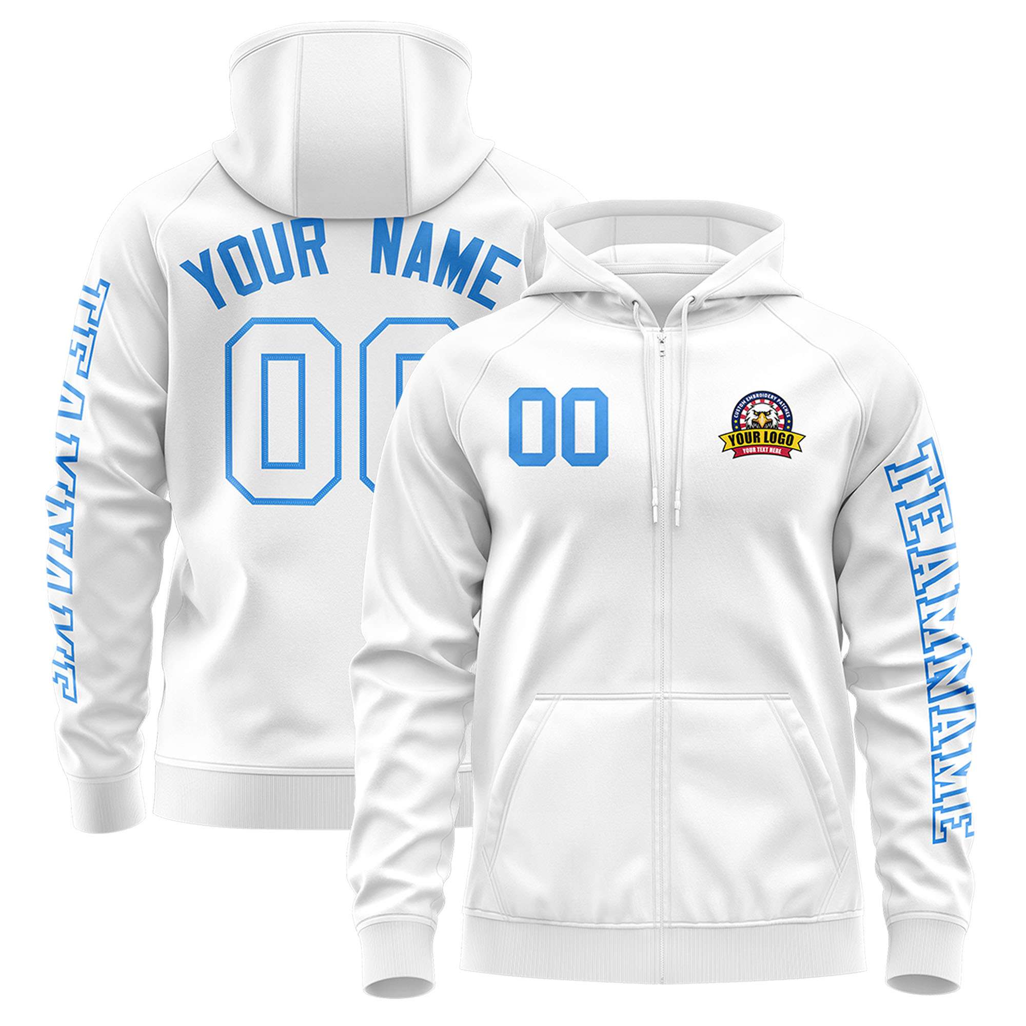 Custom White Powder Blue Varsity Full-Zip Letterman Classic Hoodie Jacket