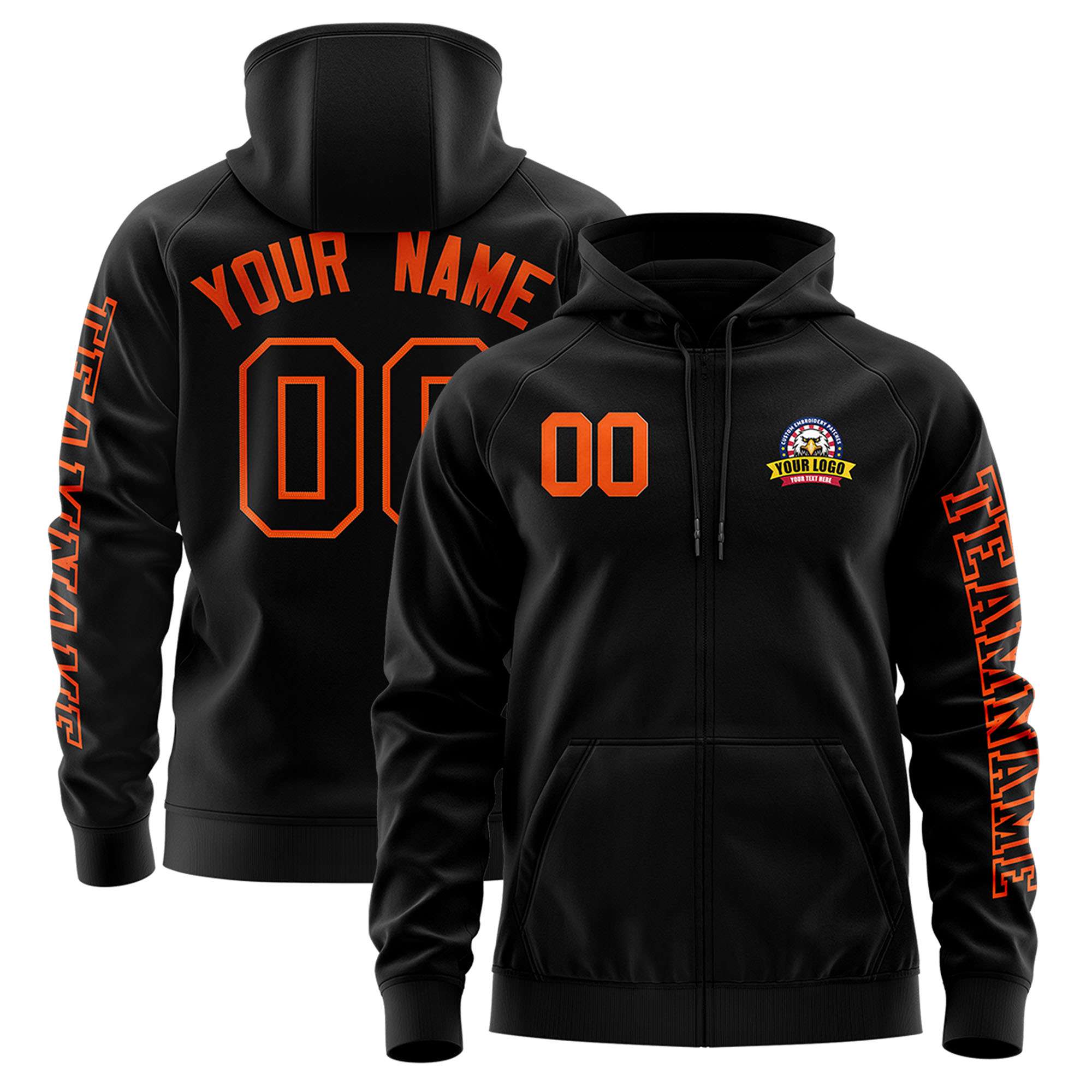 Custom Black Orange Varsity Full-Zip Letterman Classic Hoodie Jacket