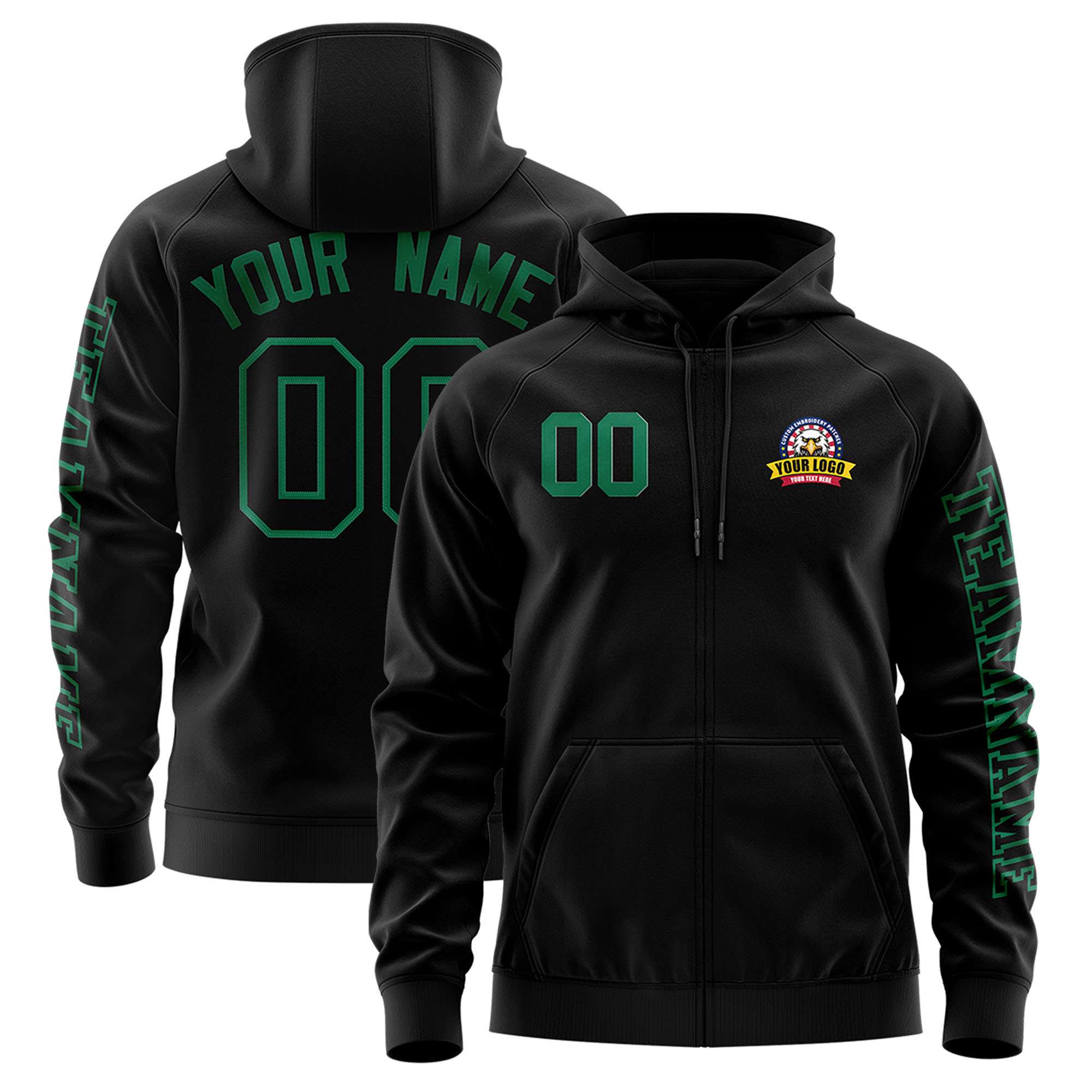 Custom Black Kelly Green Varsity Full-Zip Letterman Classic Hoodie Jacket