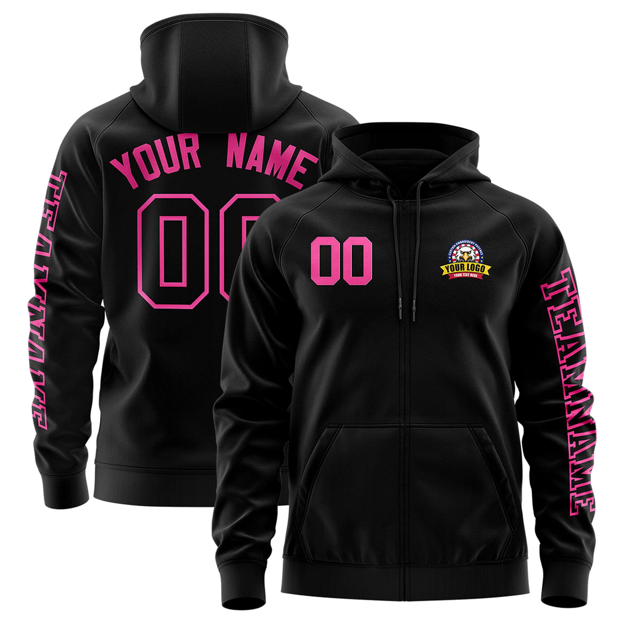 Custom Black Pink Varsity Full-Zip Letterman Classic Hoodie Jacket