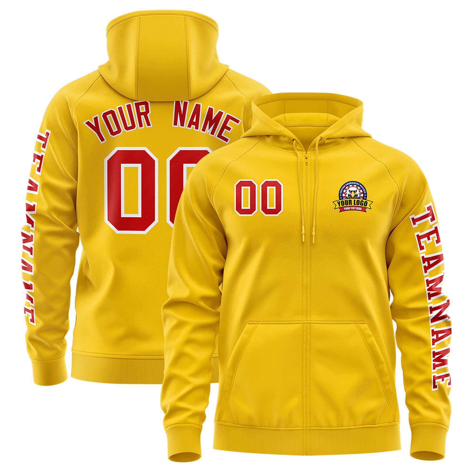 Custom Gold Red Varsity Full-Zip Letterman Classic Hoodie Jacket