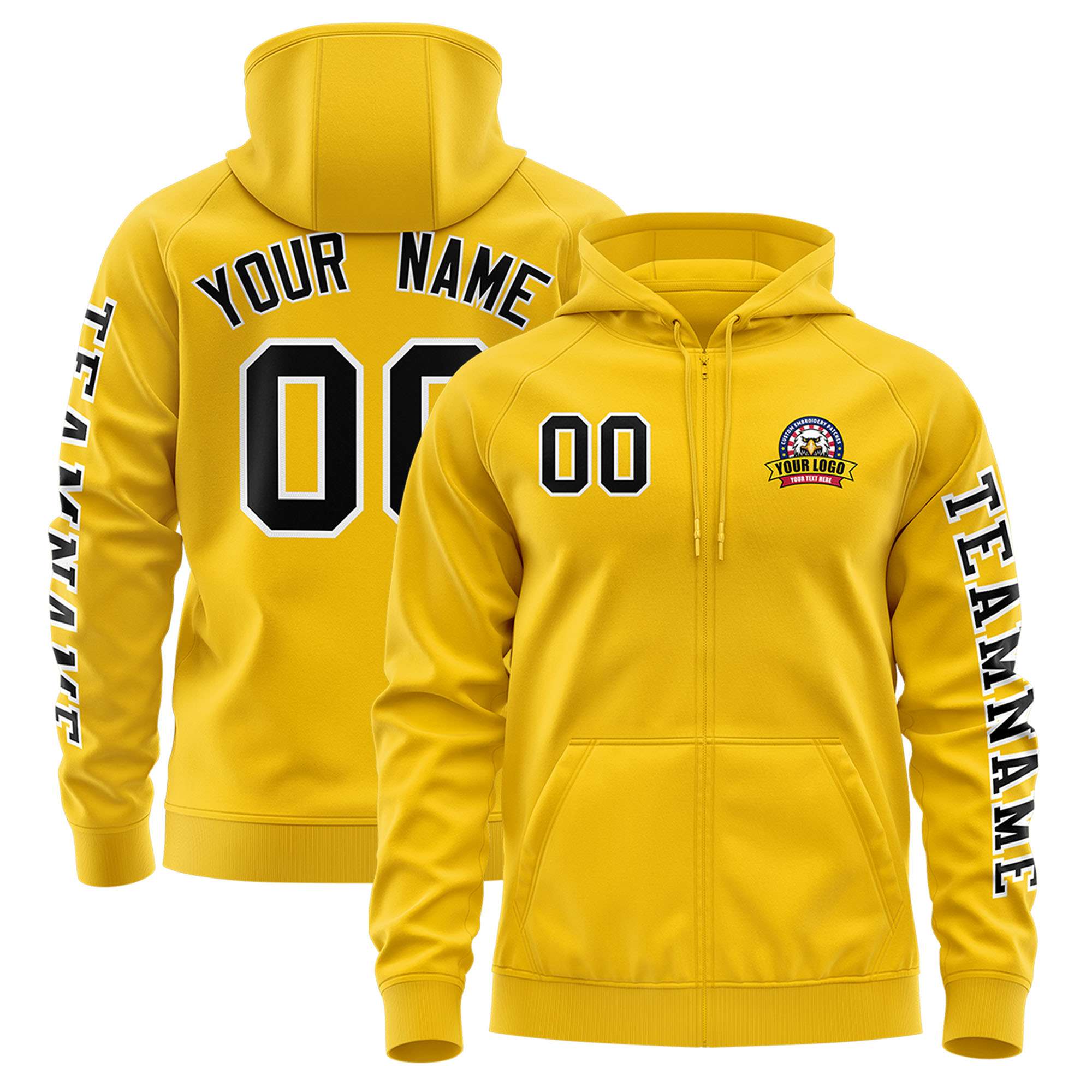 Custom Gold Black Varsity Full-Zip Letterman Classic Hoodie Jacket