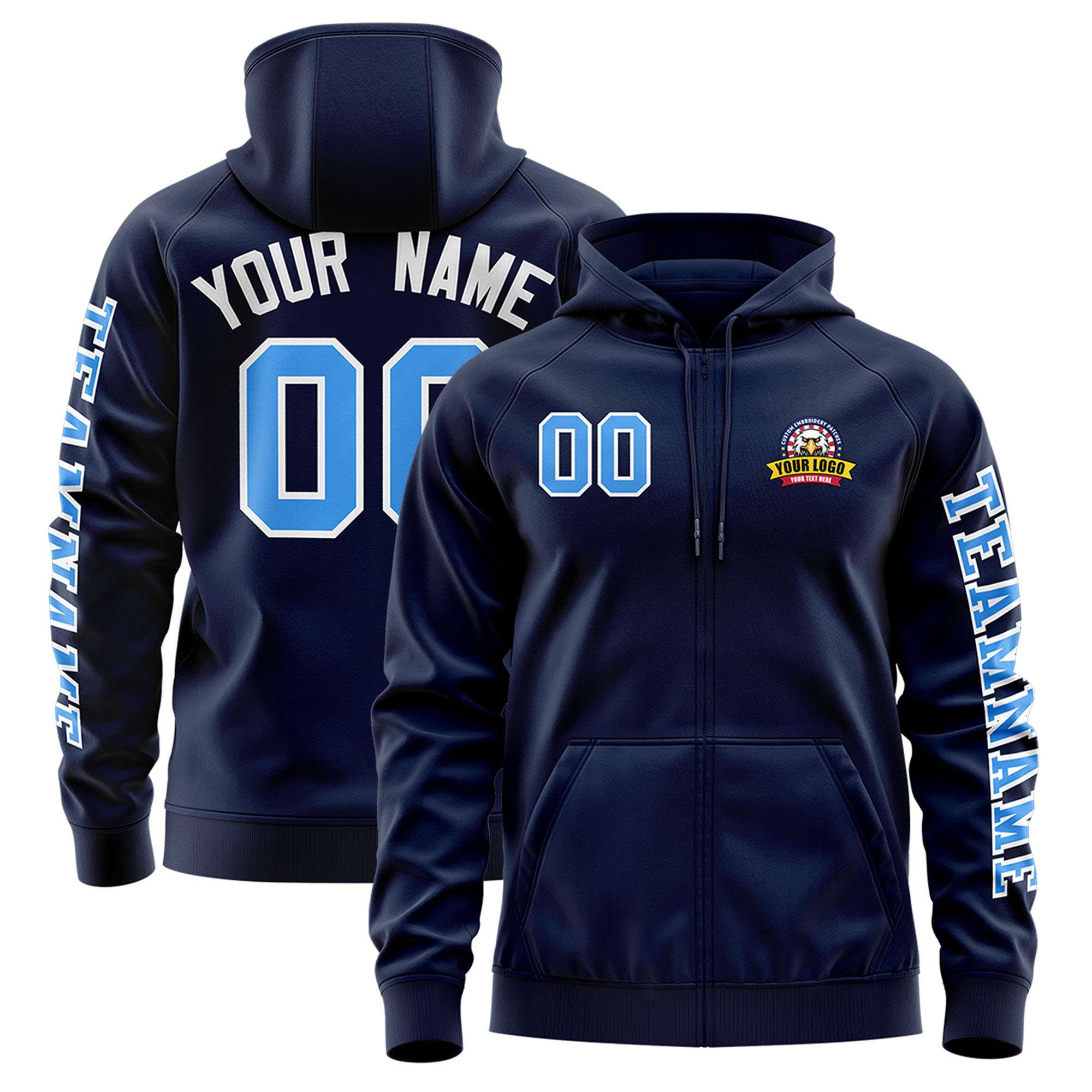 Custom Navy Powder Blue Varsity Full-Zip Letterman Classic Hoodie Jacket