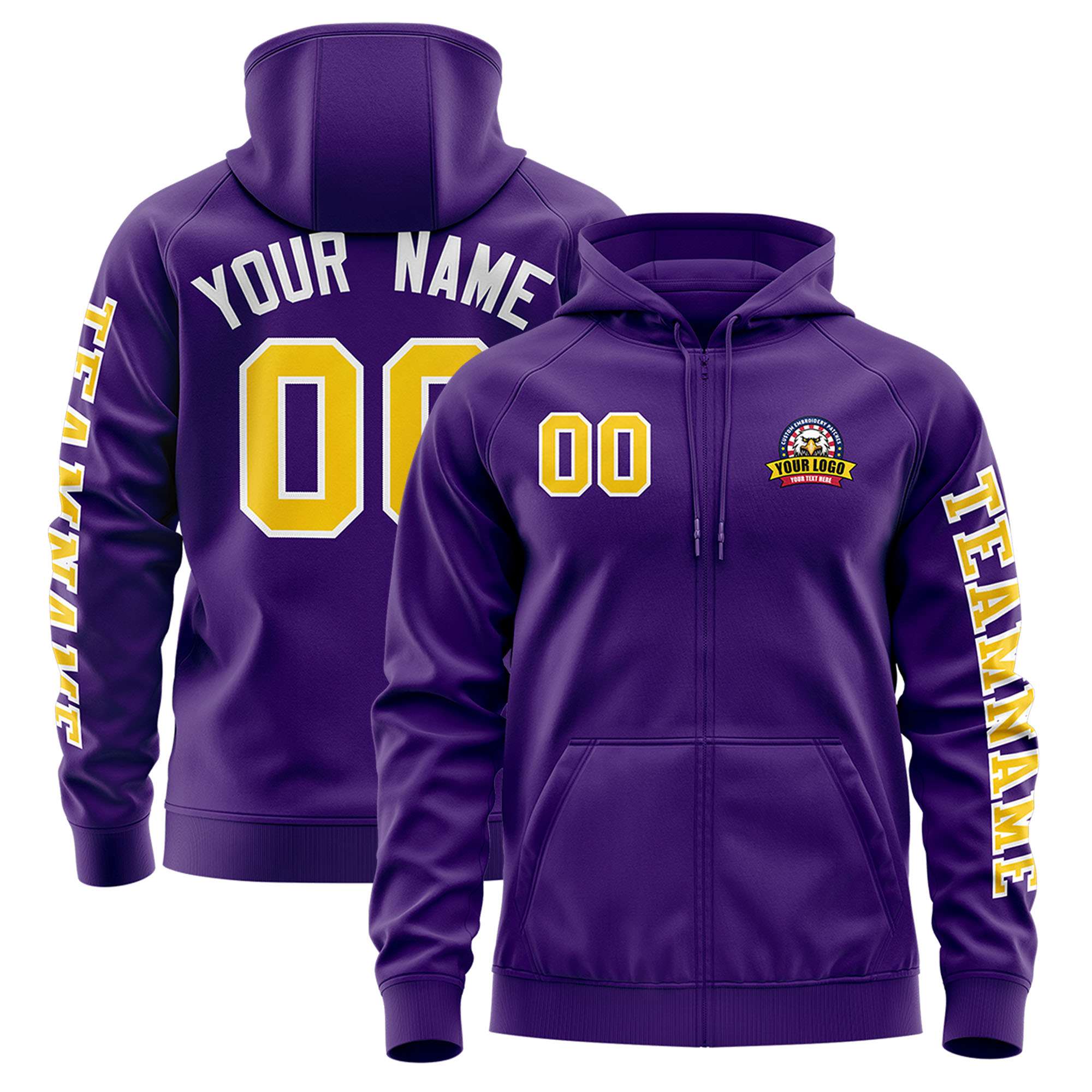 Custom Purple Gold Varsity Full-Zip Letterman Classic Hoodie Jacket