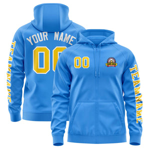 Custom Powder Blue Gold Varsity Full-Zip Letterman Classic Hoodie Jacket