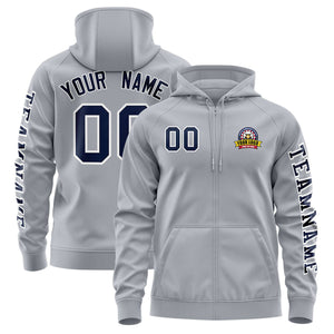 Custom Gray Navy Varsity Full-Zip Letterman Classic Hoodie Jacket