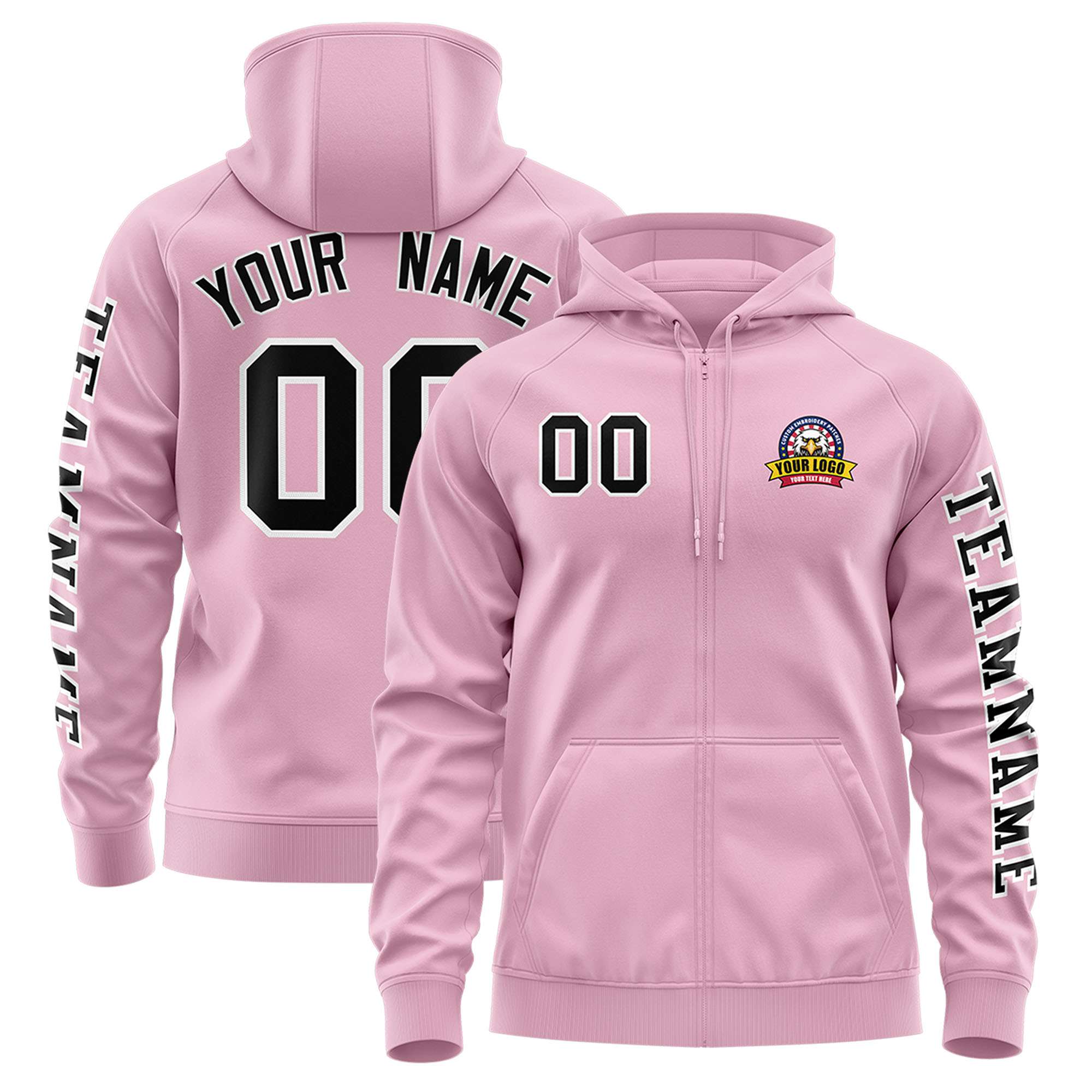 Custom Light Pink Black Varsity Full-Zip Letterman Classic Hoodie Jacket