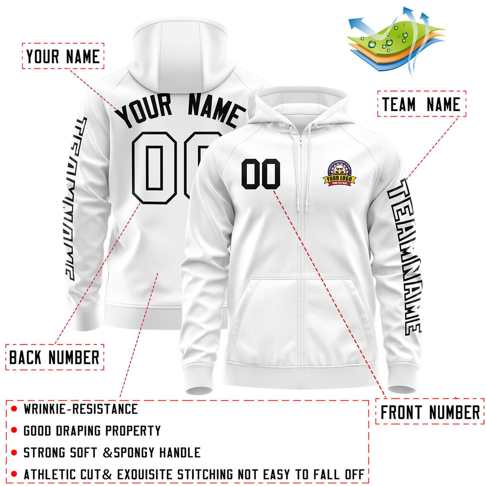 Custom White Black Varsity Full-Zip Letterman Classic Hoodie Jacket