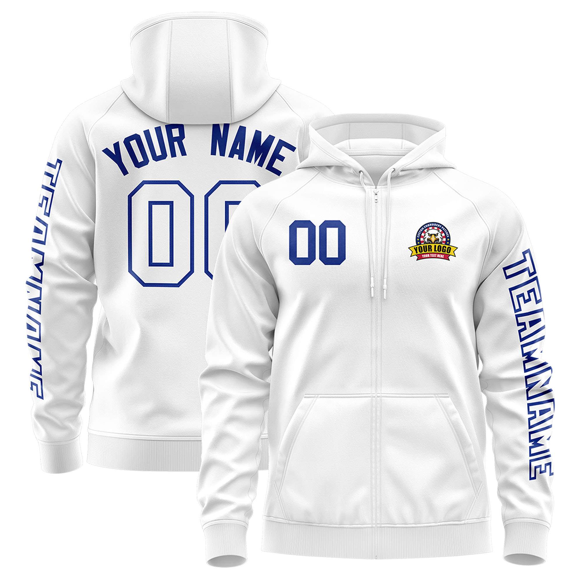 Custom White Royal Varsity Full-Zip Letterman Classic Hoodie Jacket