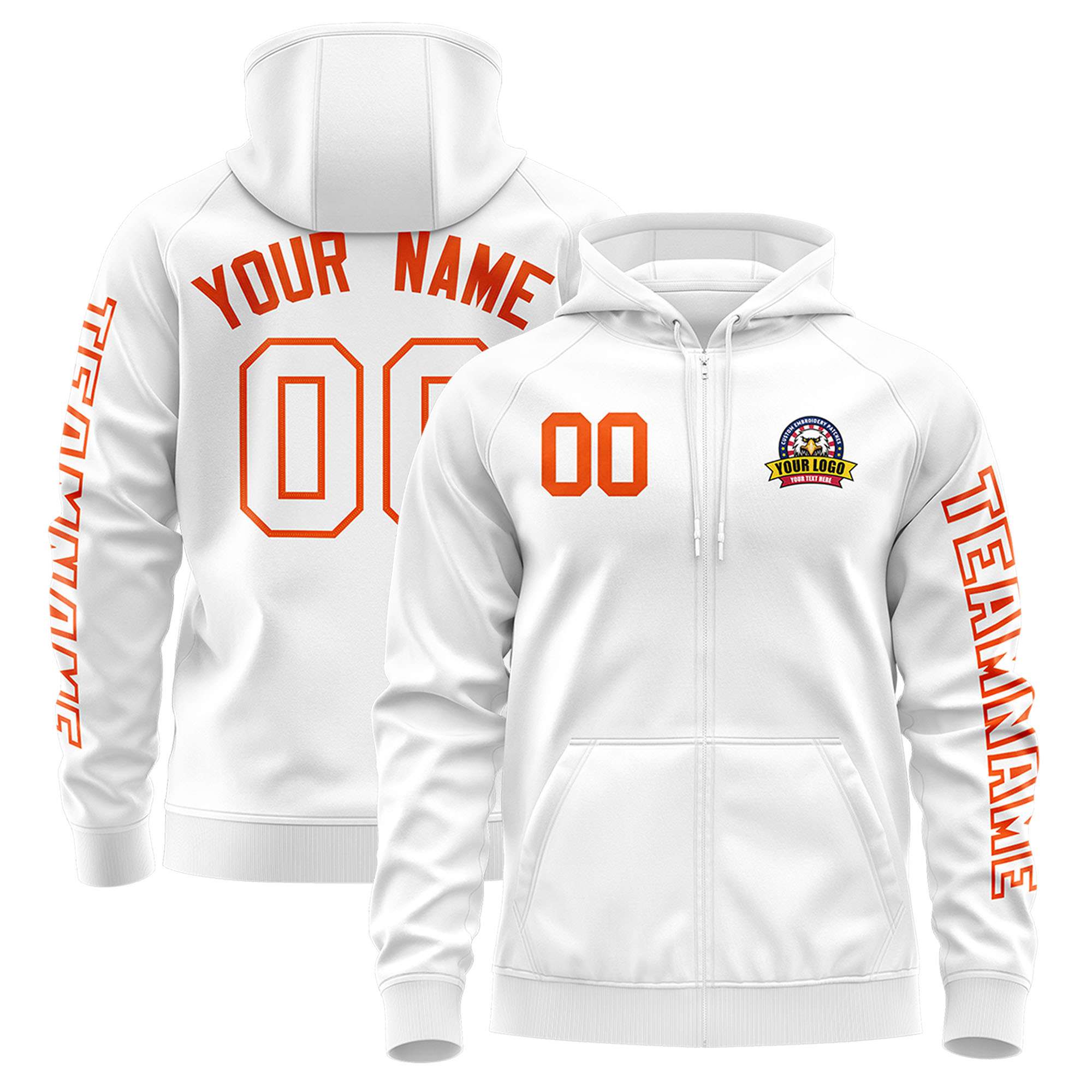 Custom White Orange Varsity Full-Zip Letterman Classic Hoodie Jacket