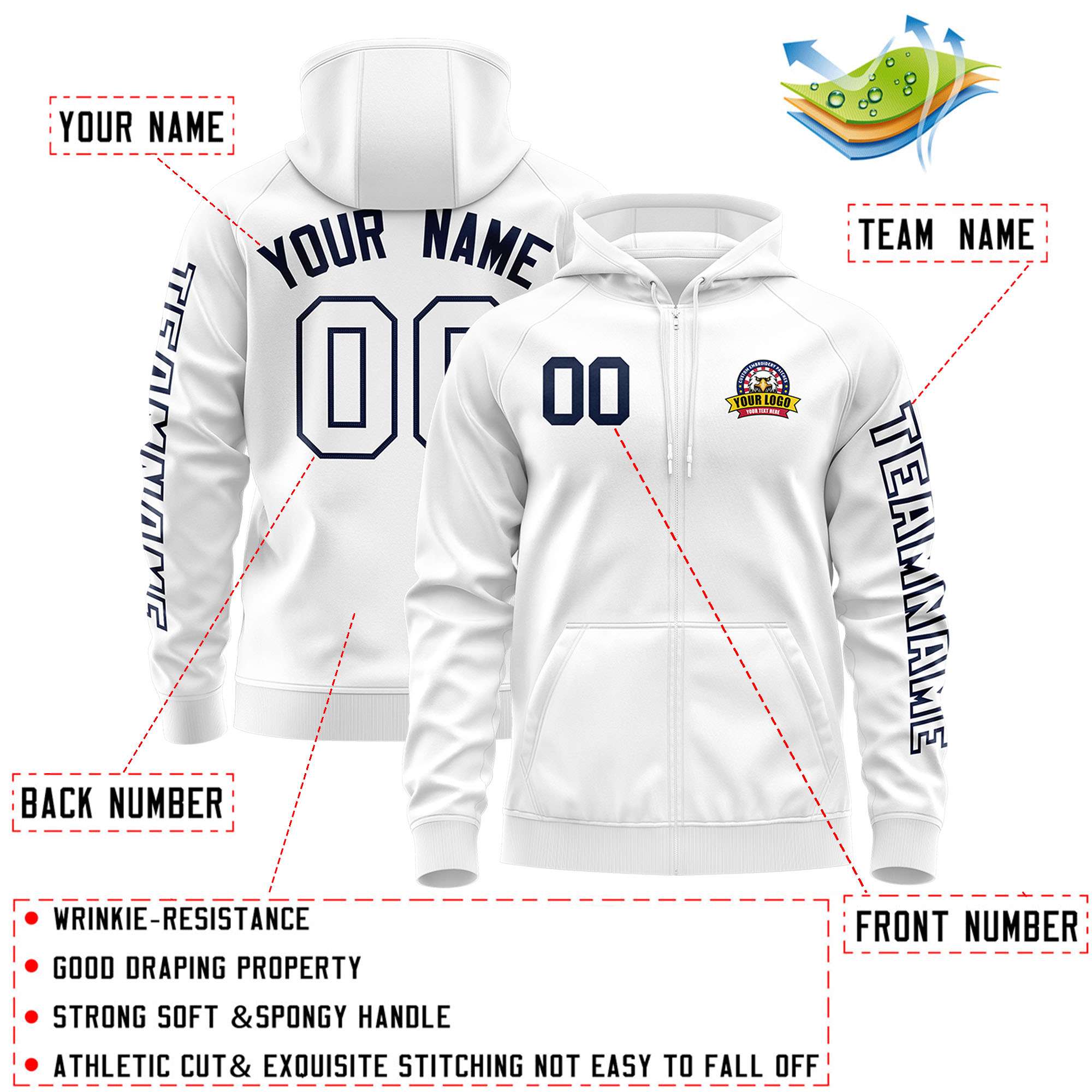 Custom White Navy Varsity Full-Zip Letterman Classic Hoodie Jacket