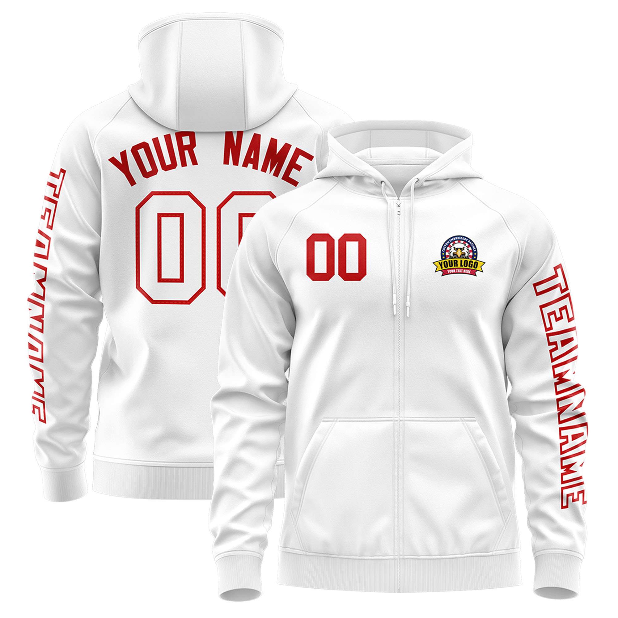 Custom White Red Varsity Full-Zip Letterman Classic Hoodie Jacket