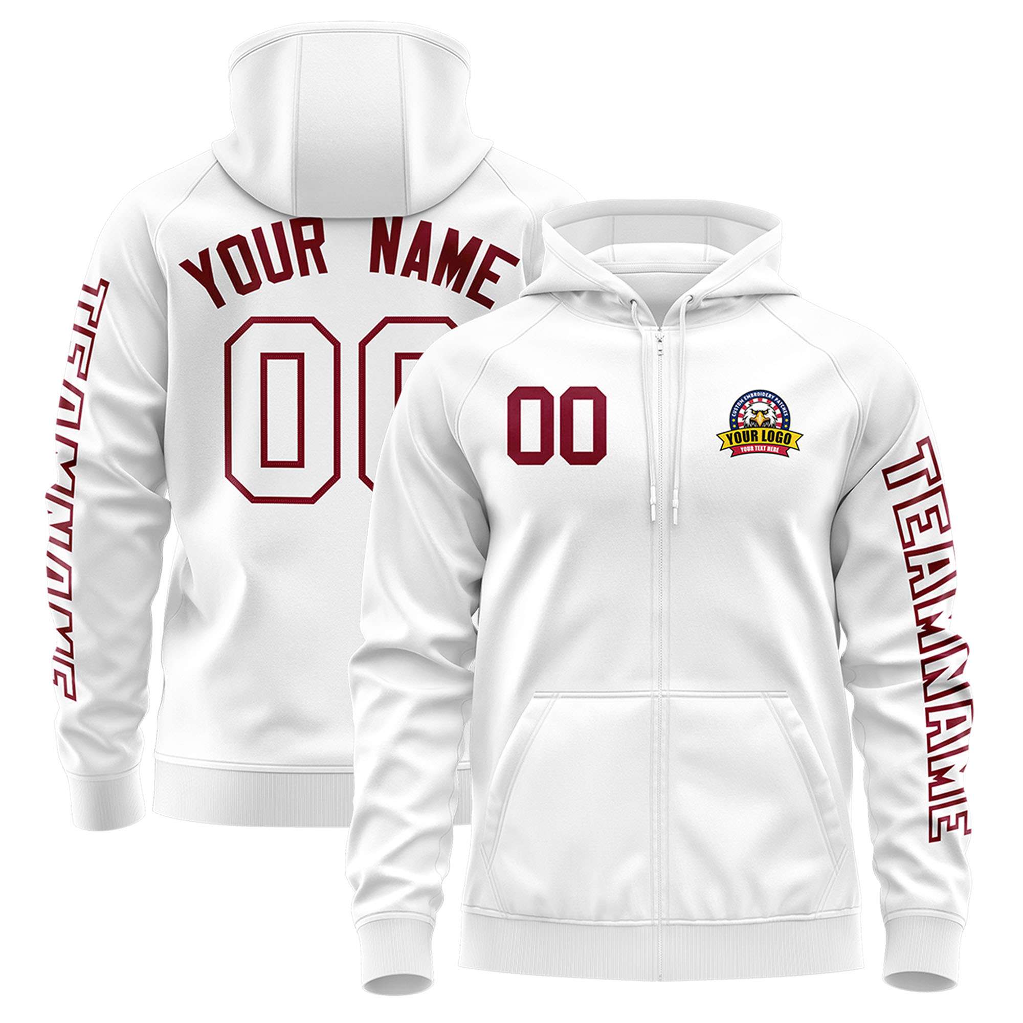 Custom White Crimson Varsity Full-Zip Letterman Classic Hoodie Jacket