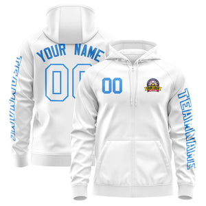 Custom White Powder Blue Varsity Full-Zip Letterman Classic Hoodie Jacket