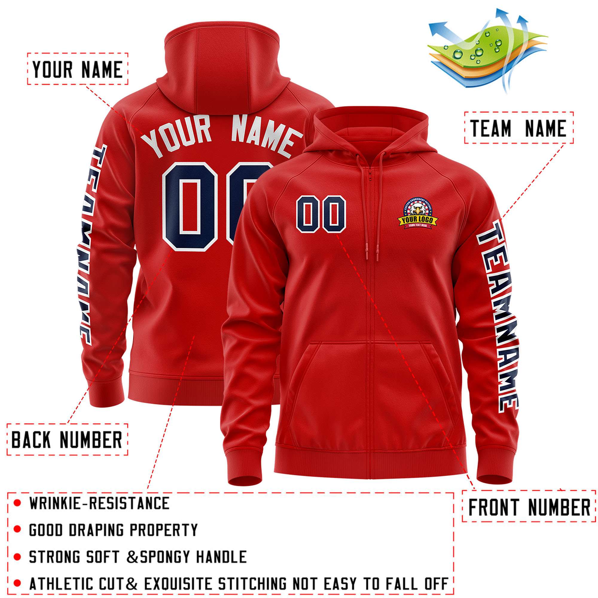 Custom Red Navy Varsity Full-Zip Letterman Classic Hoodie Jacket