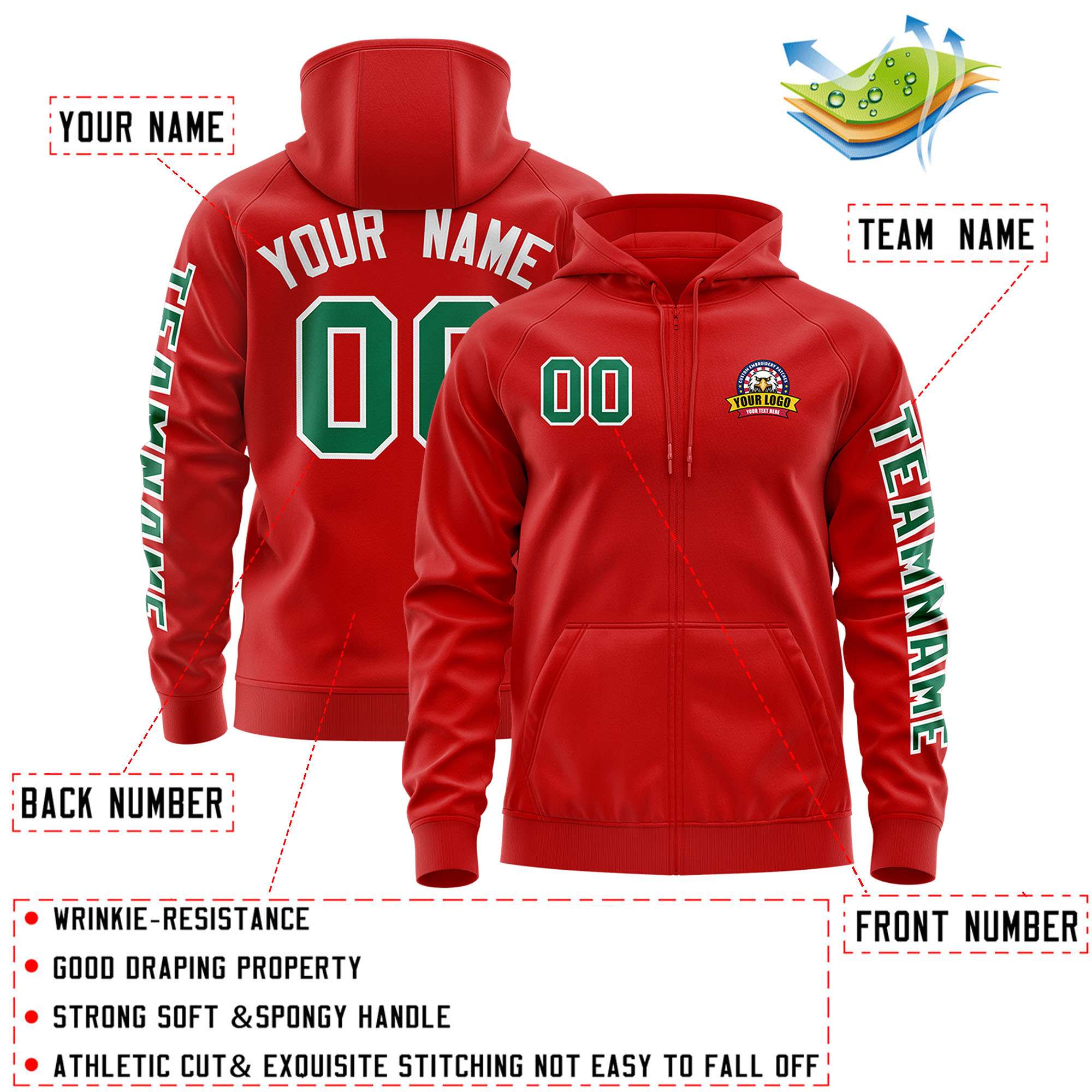 Custom Red Kelly Green Varsity Full-Zip Letterman Classic Hoodie Jacket