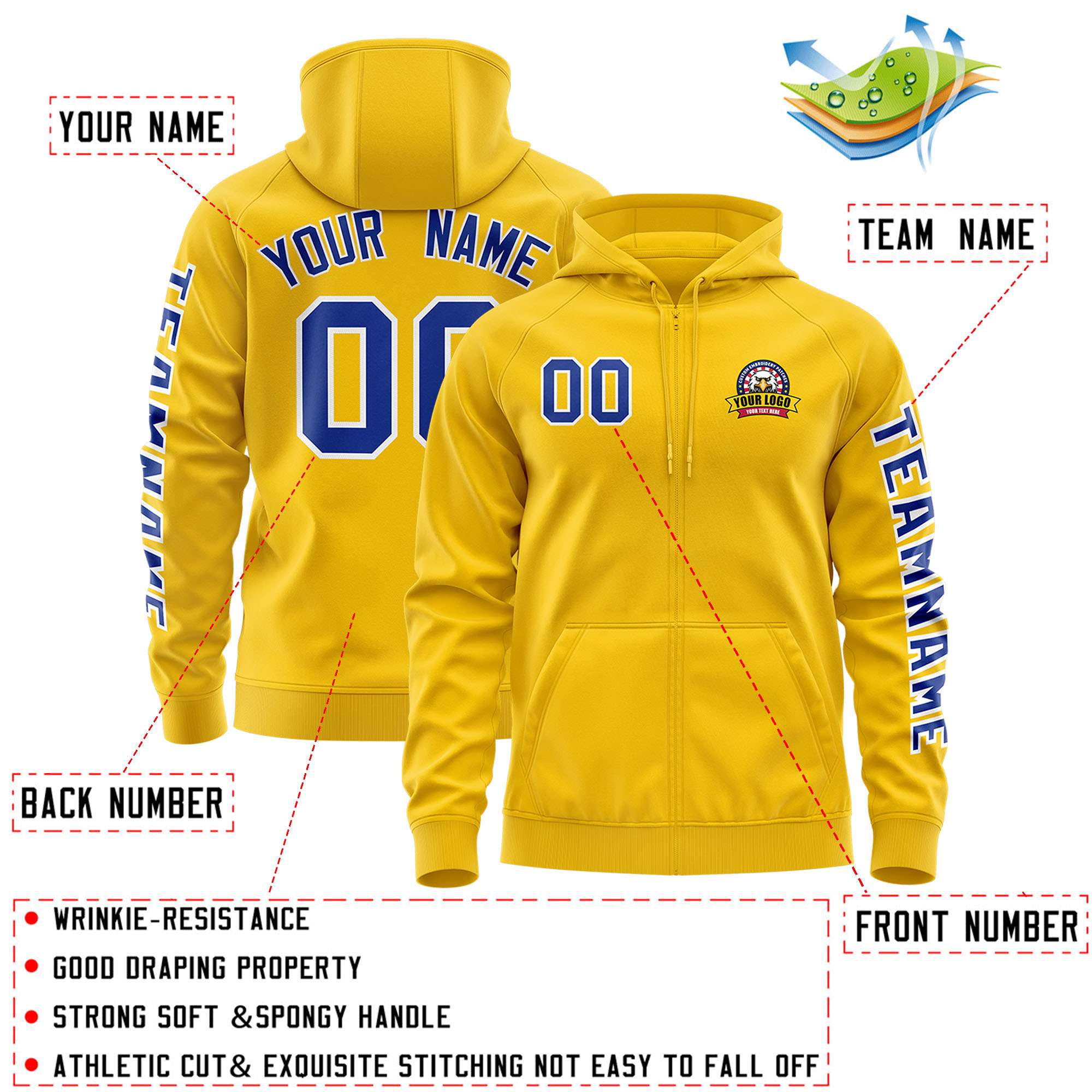 Custom Gold Royal Varsity Full-Zip Letterman Classic Hoodie Jacket