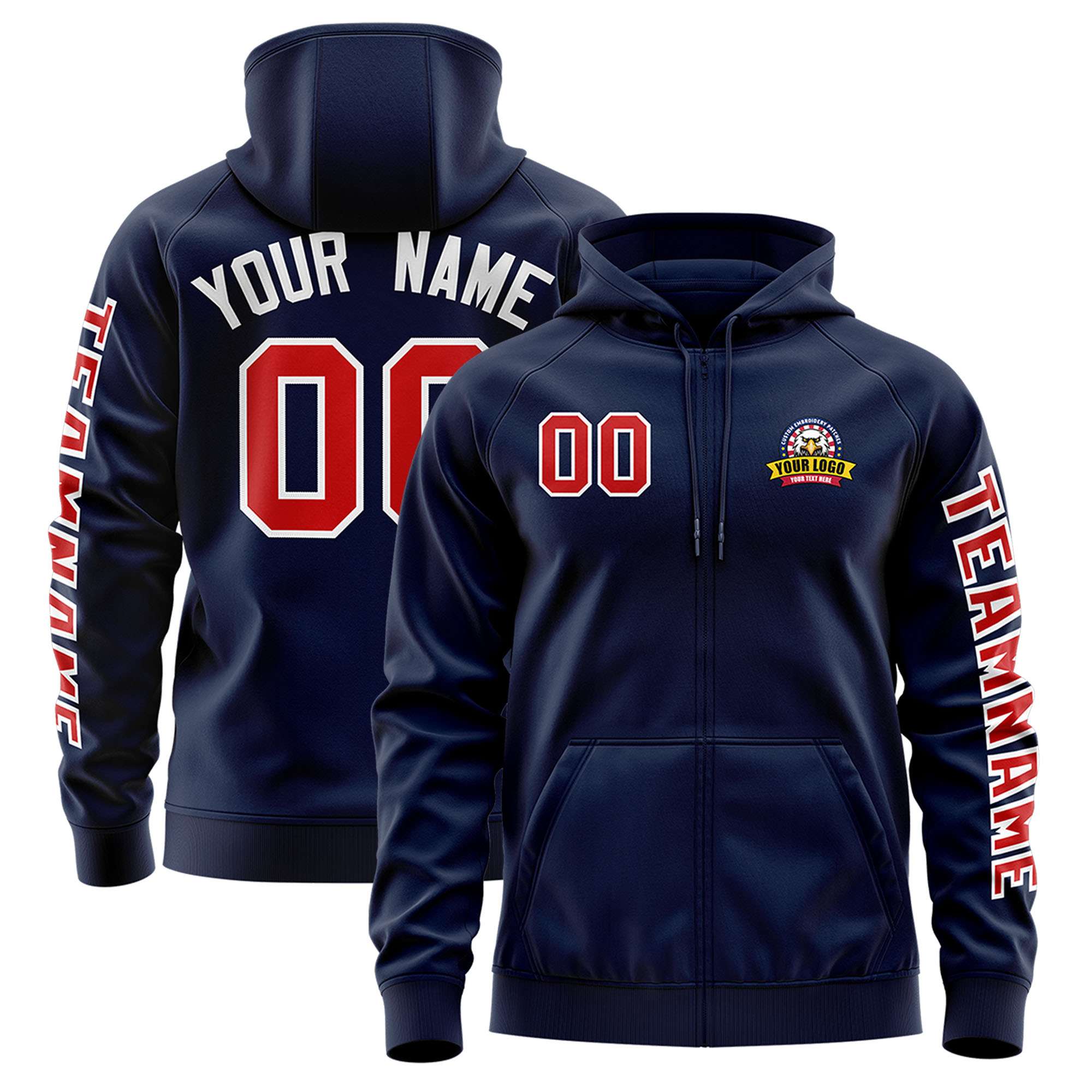 Custom Navy Red Varsity Full-Zip Letterman Classic Hoodie Jacket