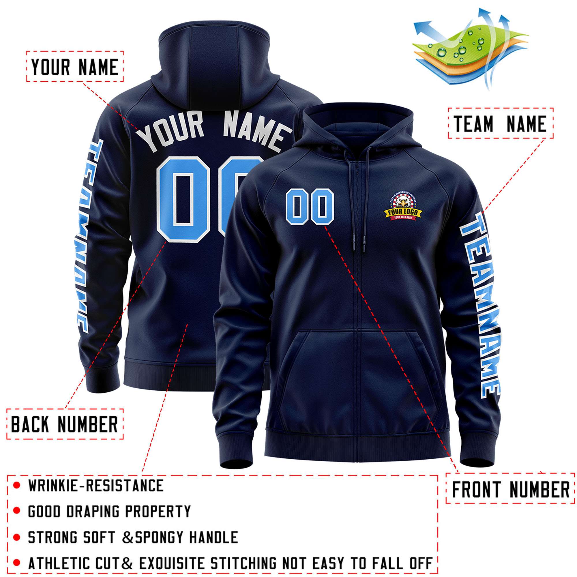 Custom Navy Powder Blue Varsity Full-Zip Letterman Classic Hoodie Jacket