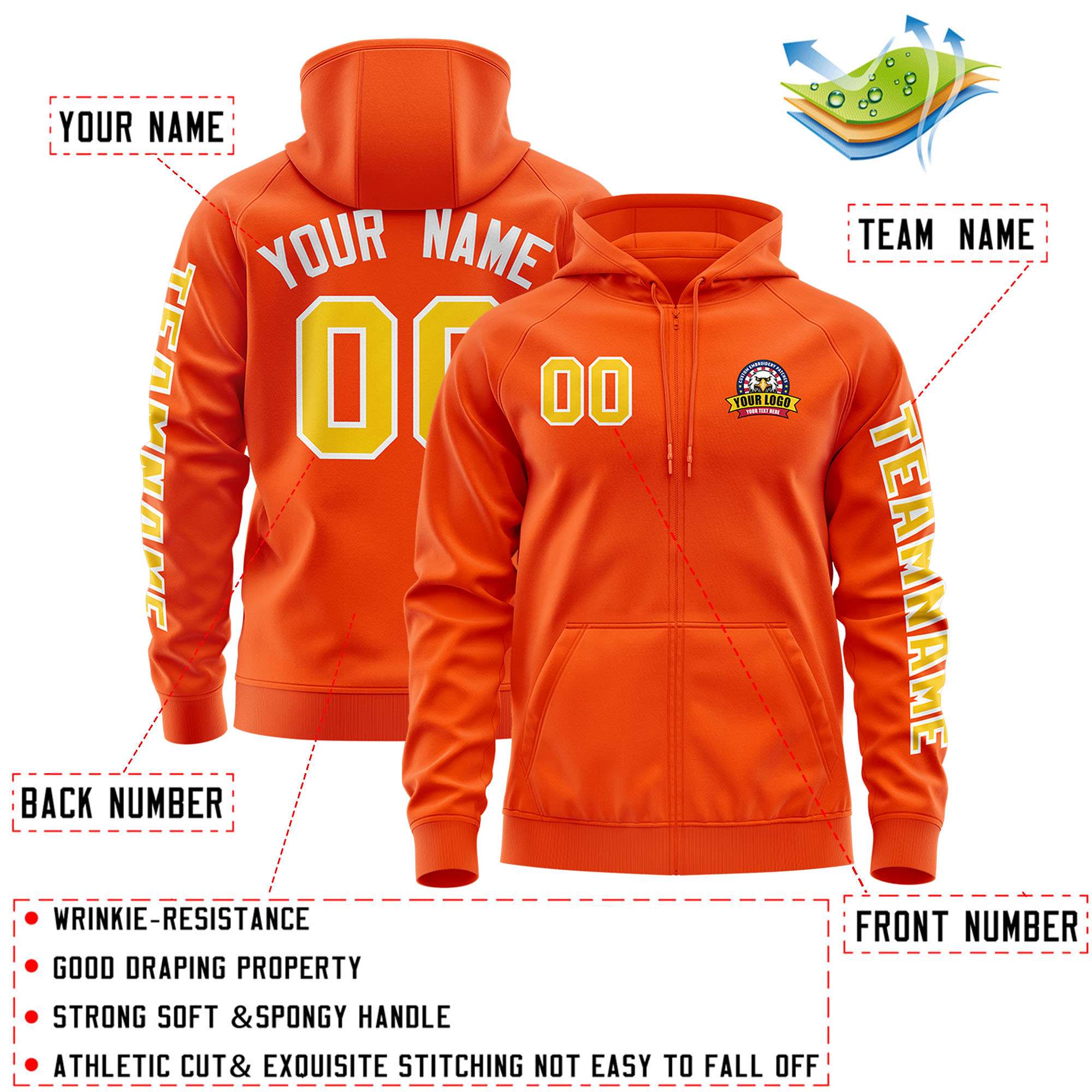 Custom Orange Gold Varsity Full-Zip Letterman Classic Hoodie Jacket