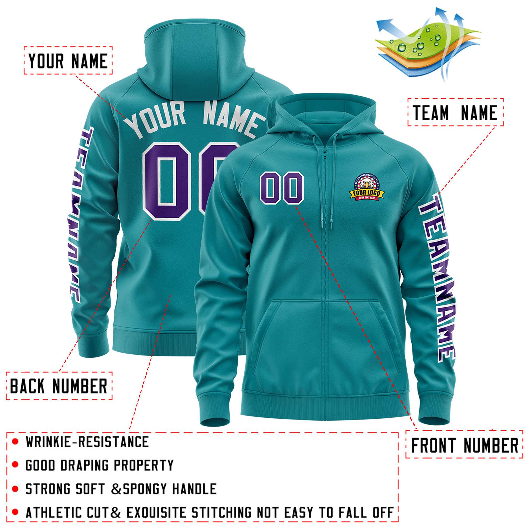 Custom Aqua Purple Varsity Full-Zip Letterman Classic Hoodie Jacket