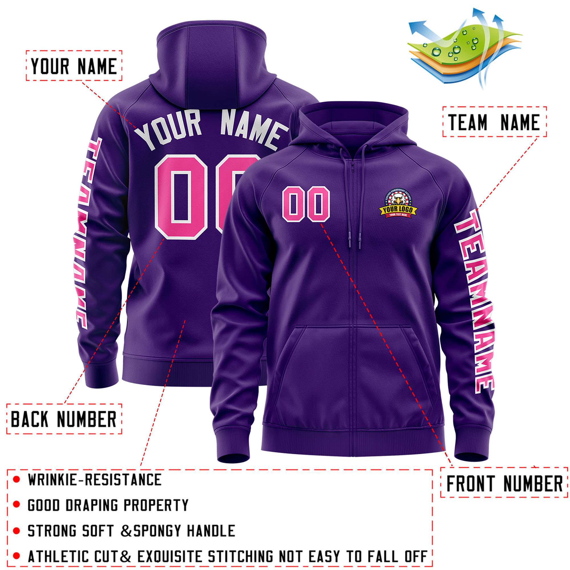 Custom Purple Pink Varsity Full-Zip Letterman Classic Hoodie Jacket