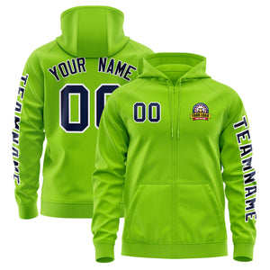 Custom Neon Green Navy Varsity Full-Zip Letterman Classic Hoodie Jacket