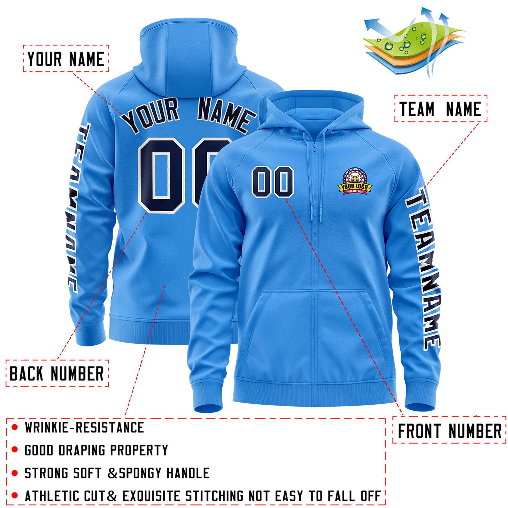 Custom Powder Blue Navy Varsity Full-Zip Letterman Classic Hoodie Jacket