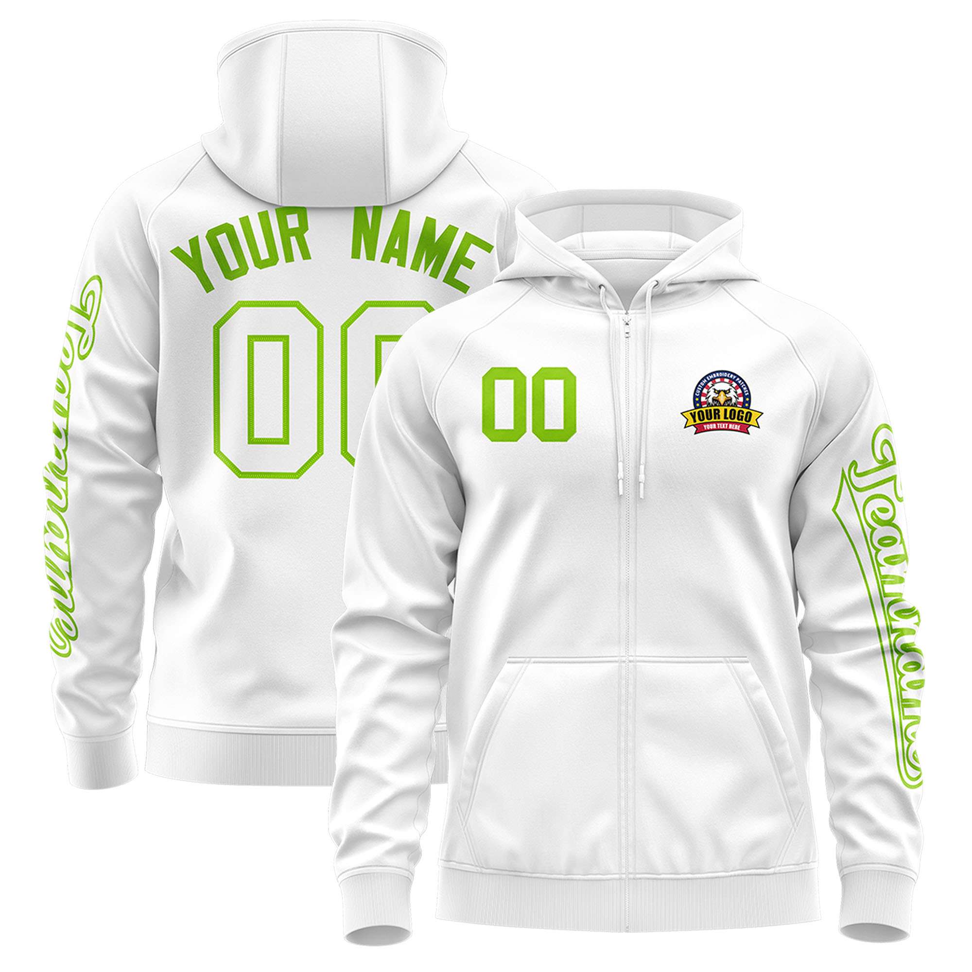 Custom White Neon Green Varsity Full-Zip Letterman Classic Hoodie Jacket