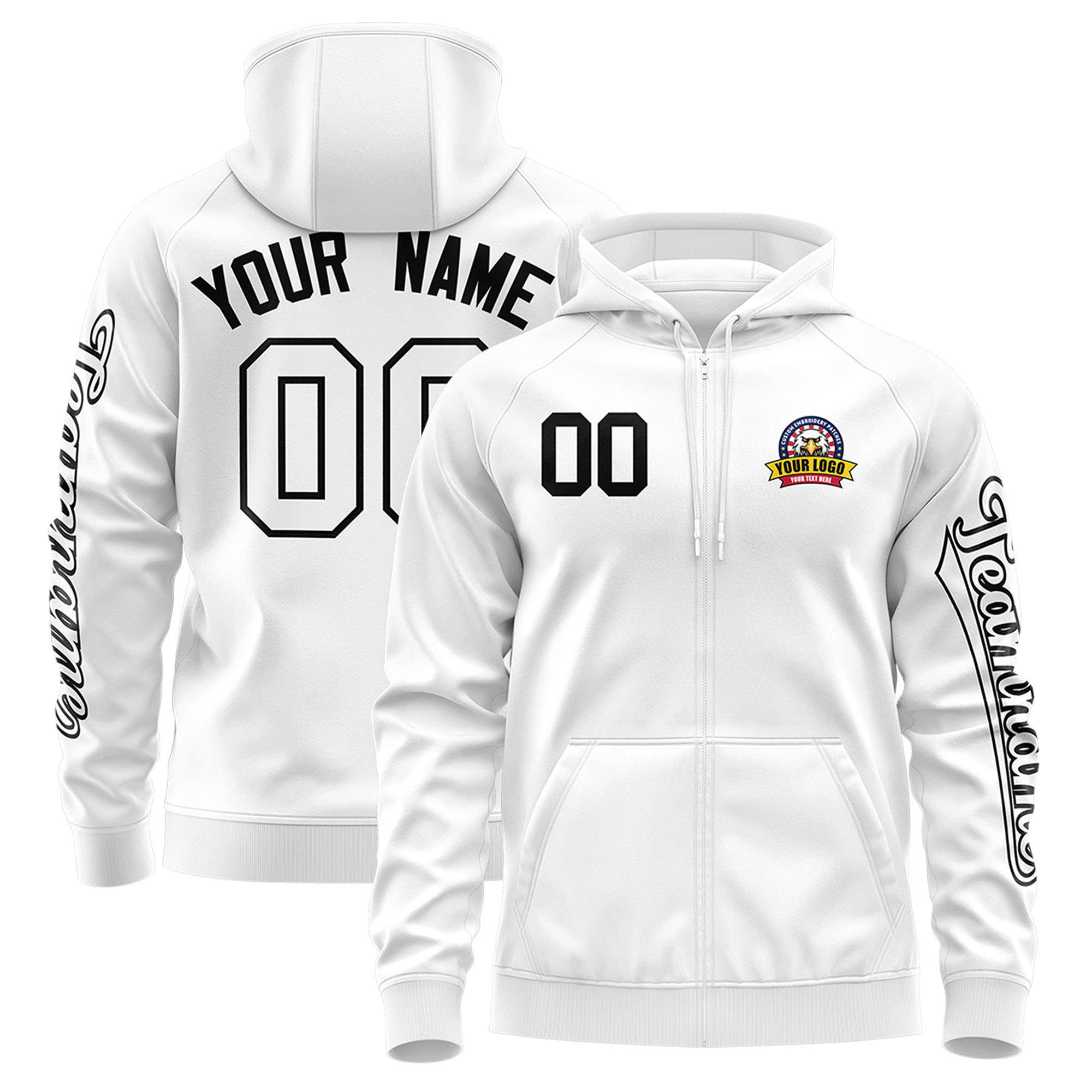 Custom White Black Varsity Full-Zip Letterman Classic Hoodie Jacket