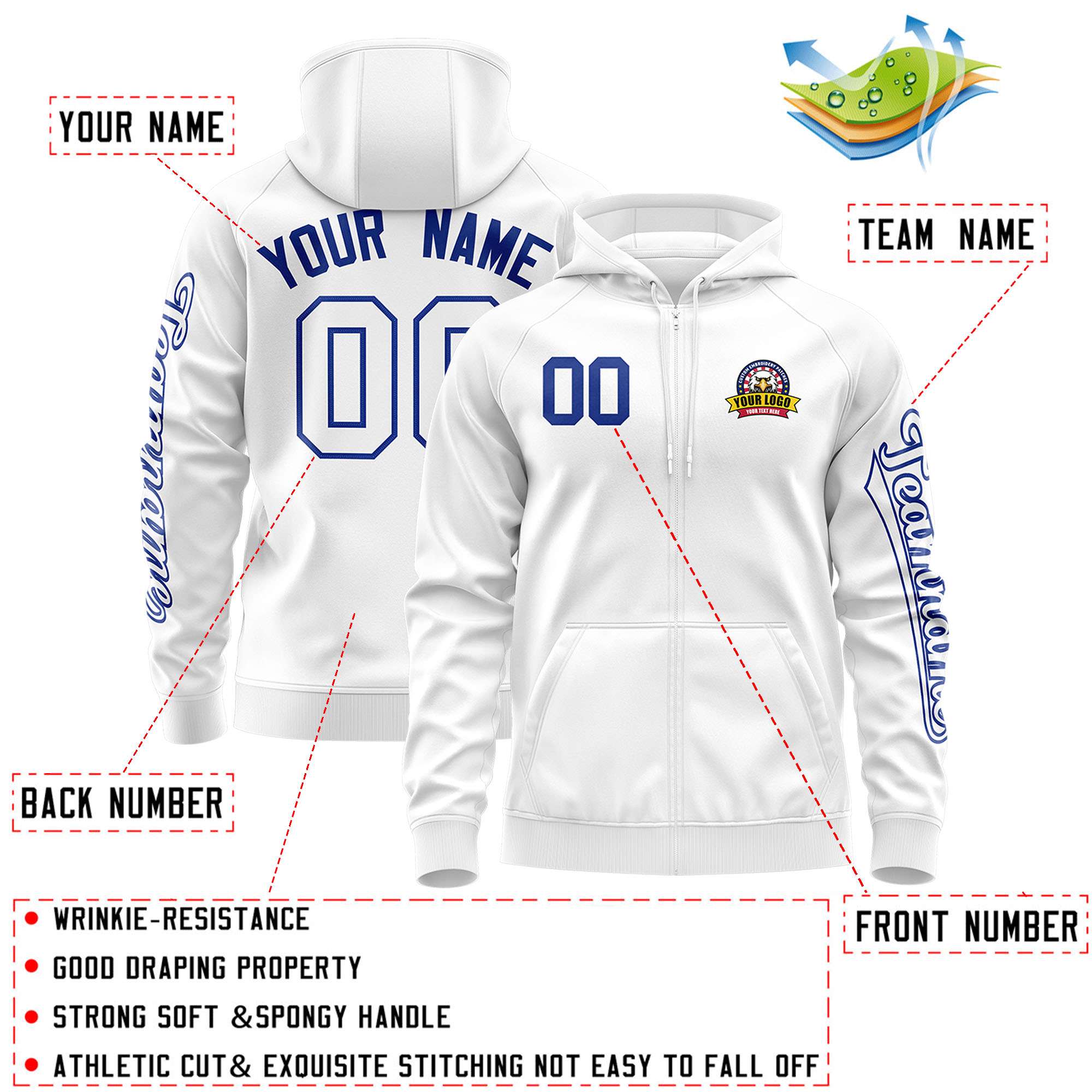 Custom White Royal Varsity Full-Zip Letterman Classic Hoodie Jacket