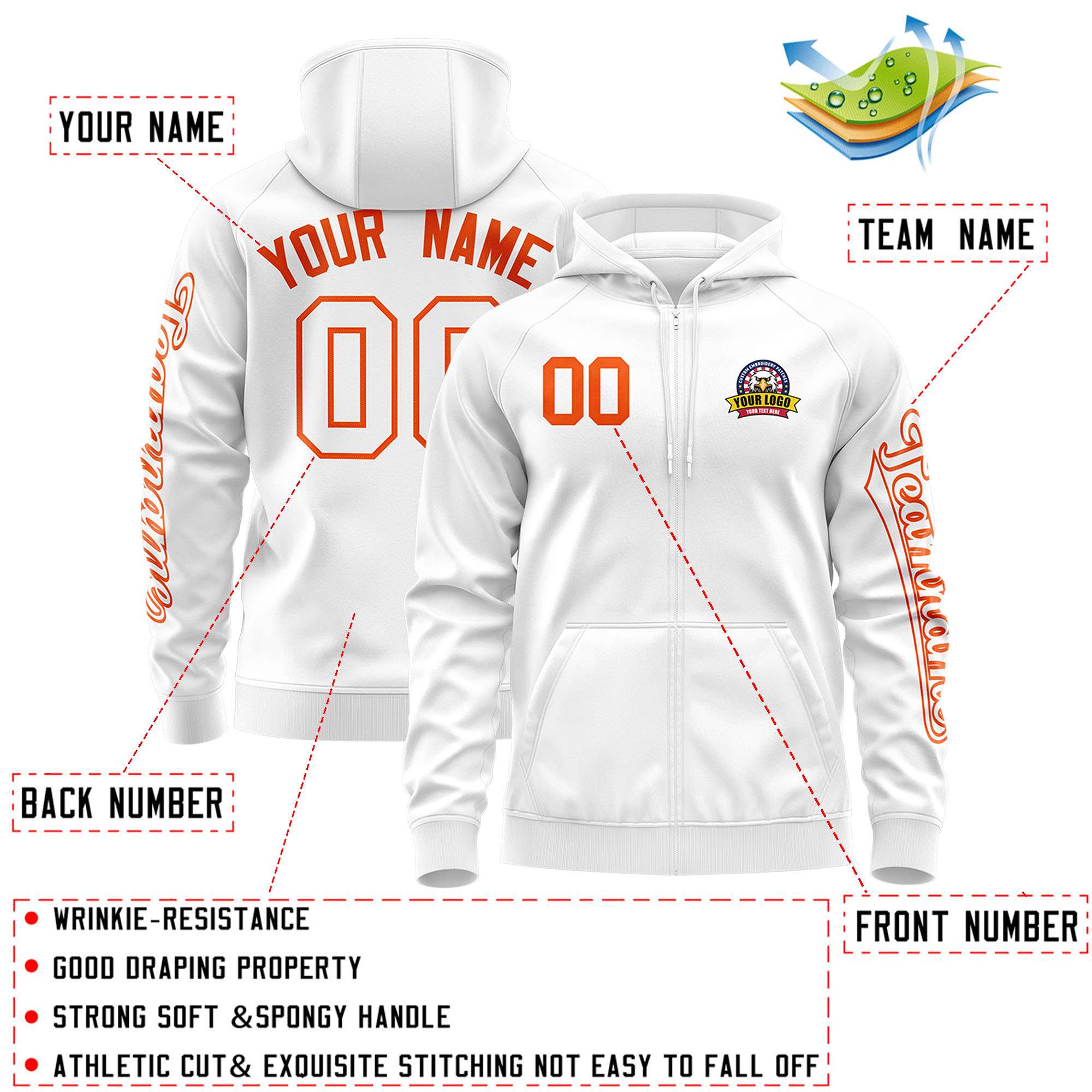 Custom White Orange Varsity Full-Zip Letterman Classic Hoodie Jacket