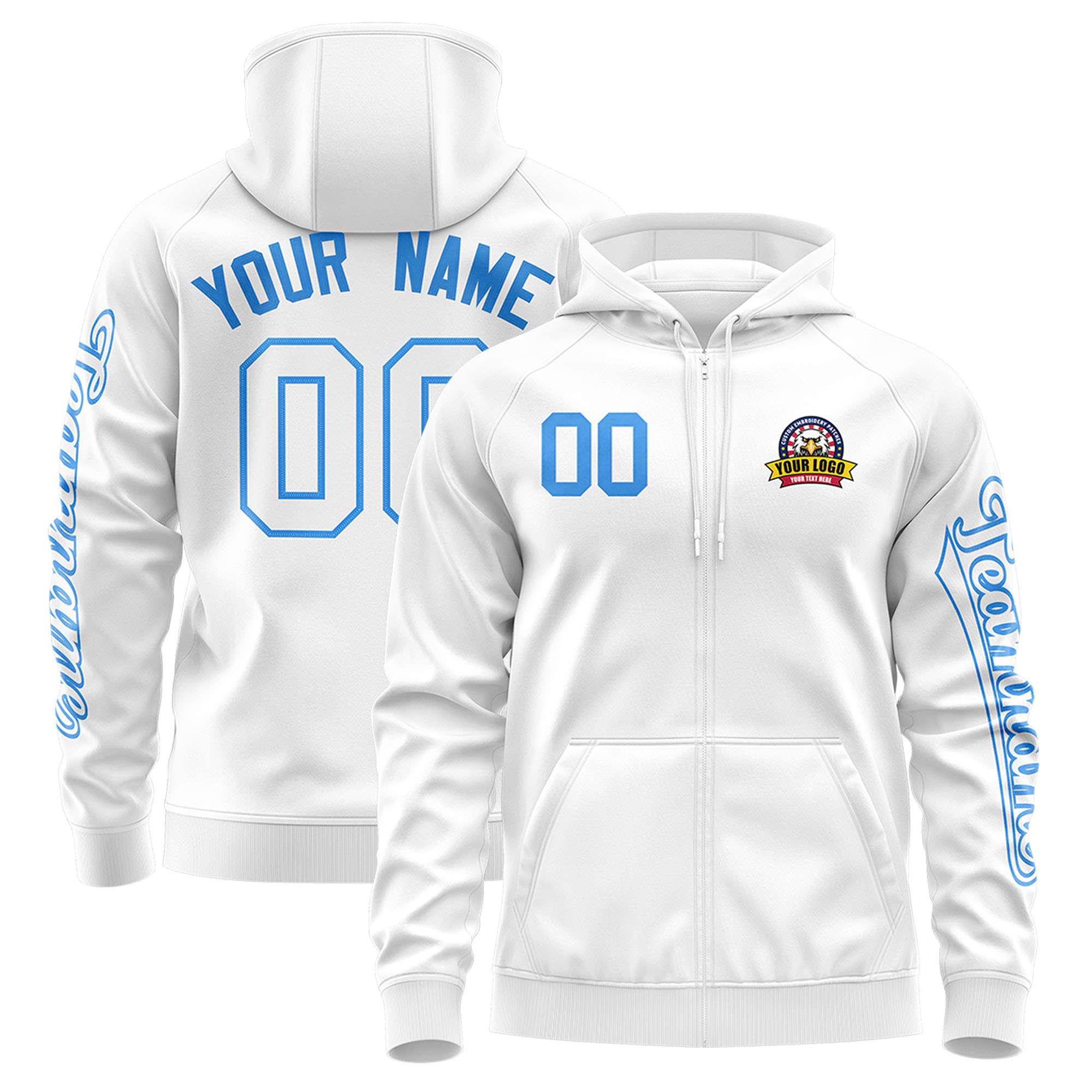 Custom White Powder Blue Varsity Full-Zip Letterman Classic Hoodie Jacket