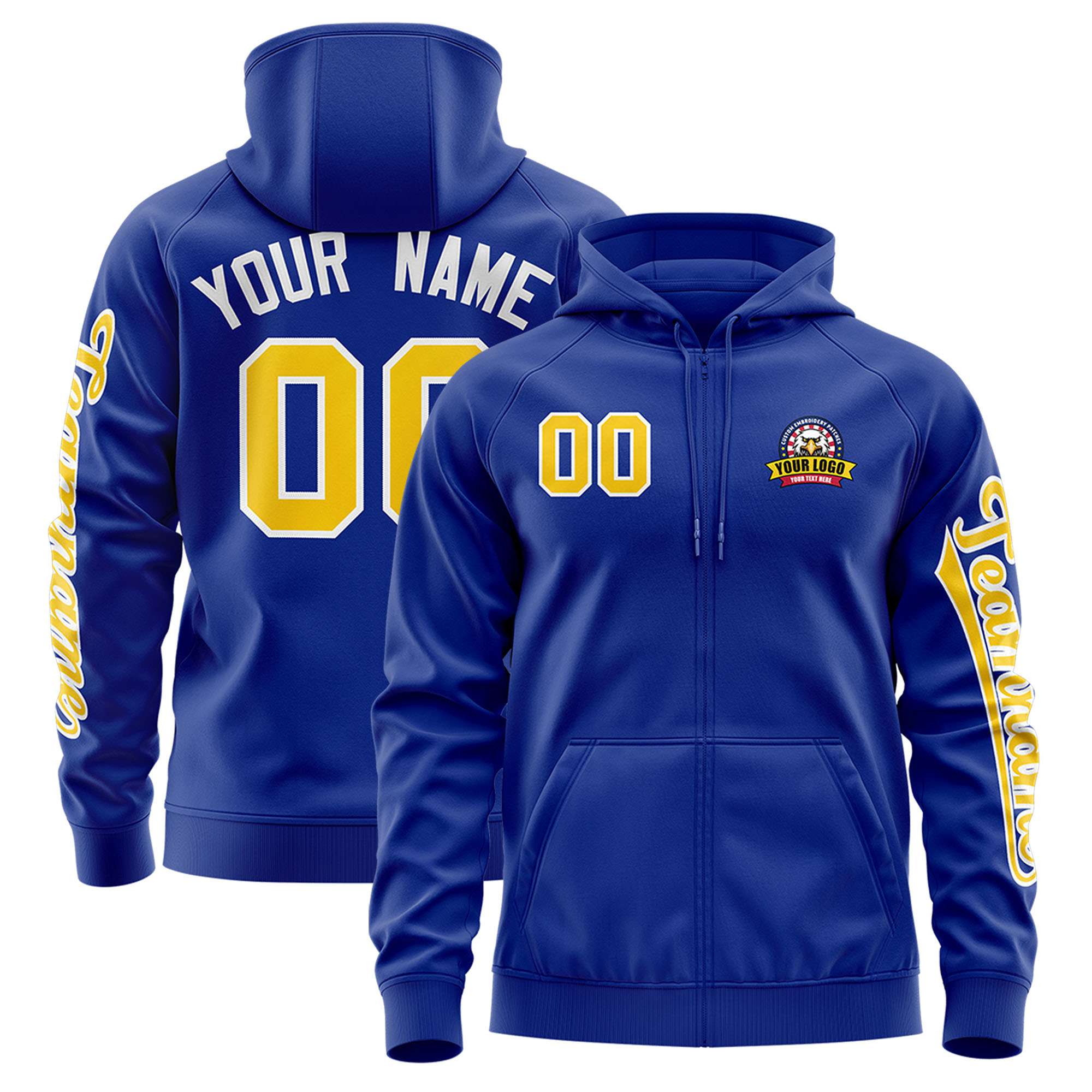 Custom Royal Gold Varsity Full-Zip Letterman Classic Hoodie Jacket