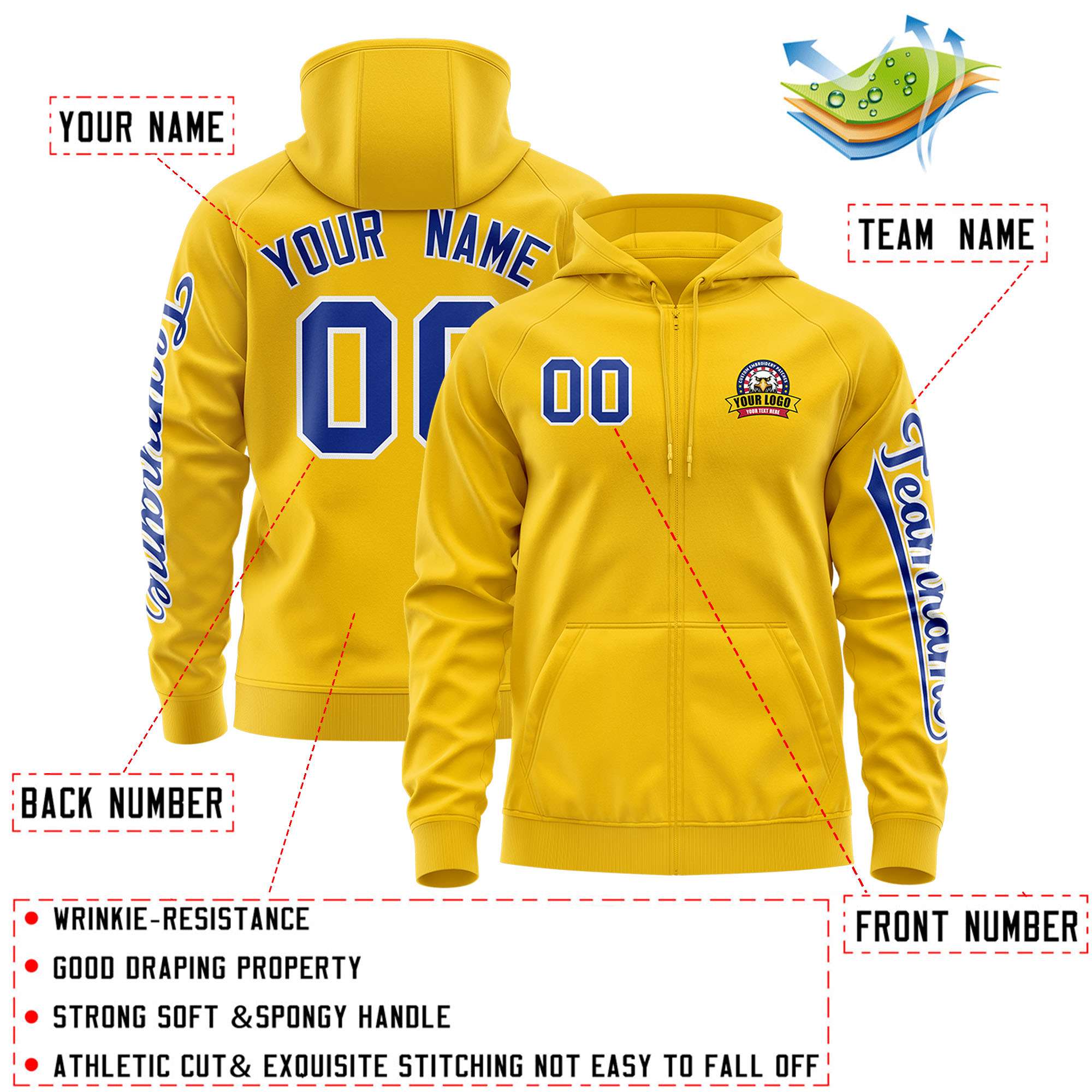 Custom Gold Royal Varsity Full-Zip Letterman Classic Hoodie Jacket