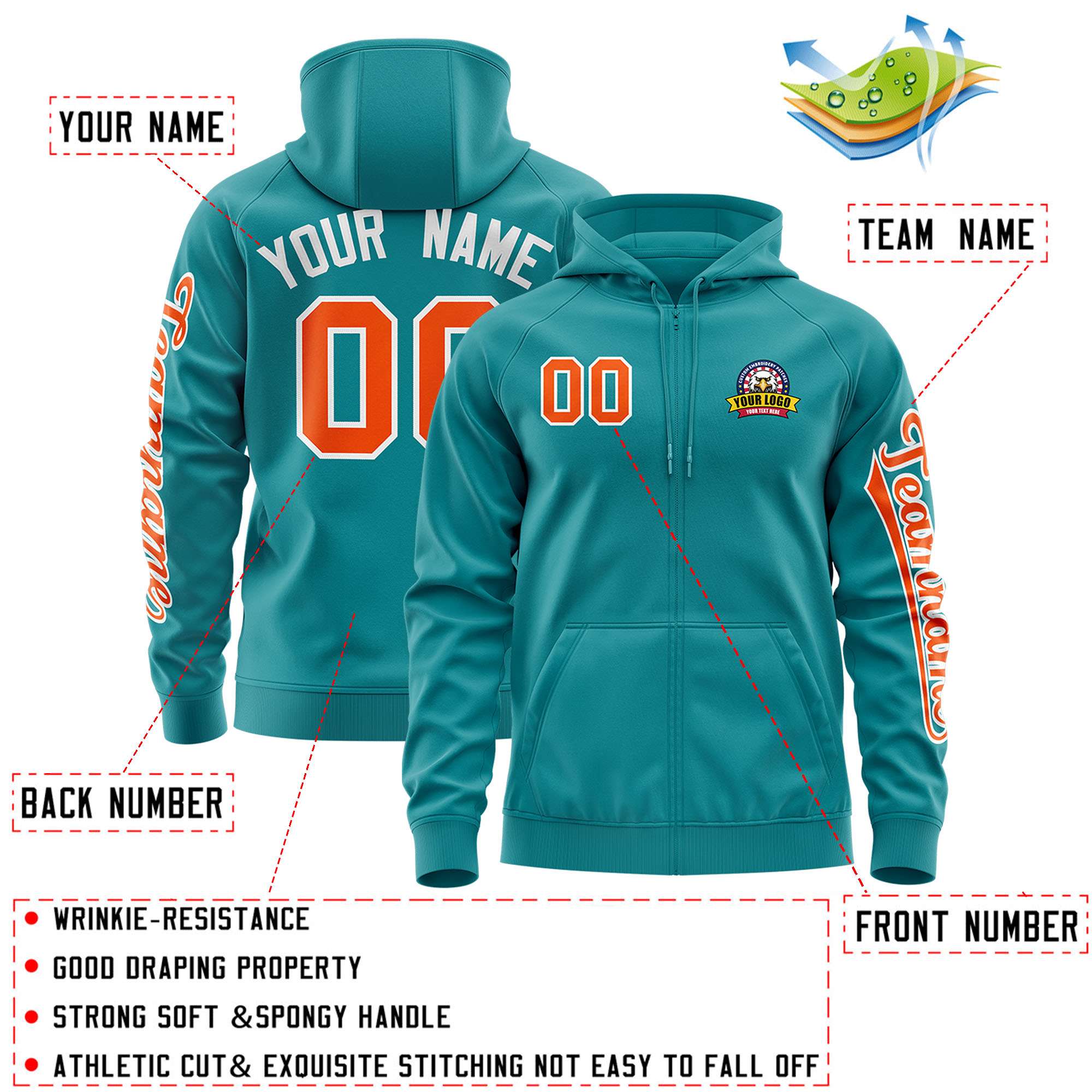 Custom Aqua Orange Varsity Full-Zip Letterman Classic Hoodie Jacket