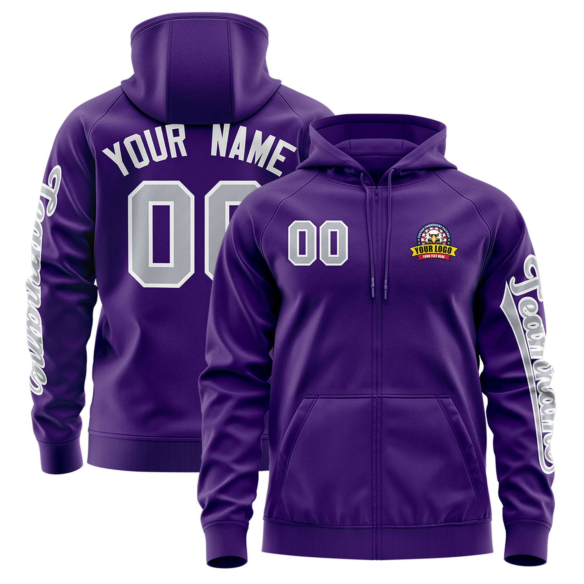 Custom Purple Gray Varsity Full-Zip Letterman Classic Hoodie Jacket