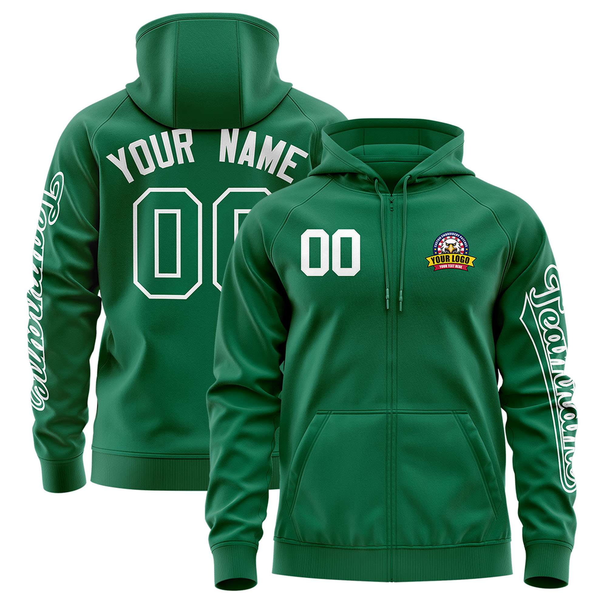 Custom Kelly Green White Varsity Full-Zip Letterman Classic Hoodie Jacket