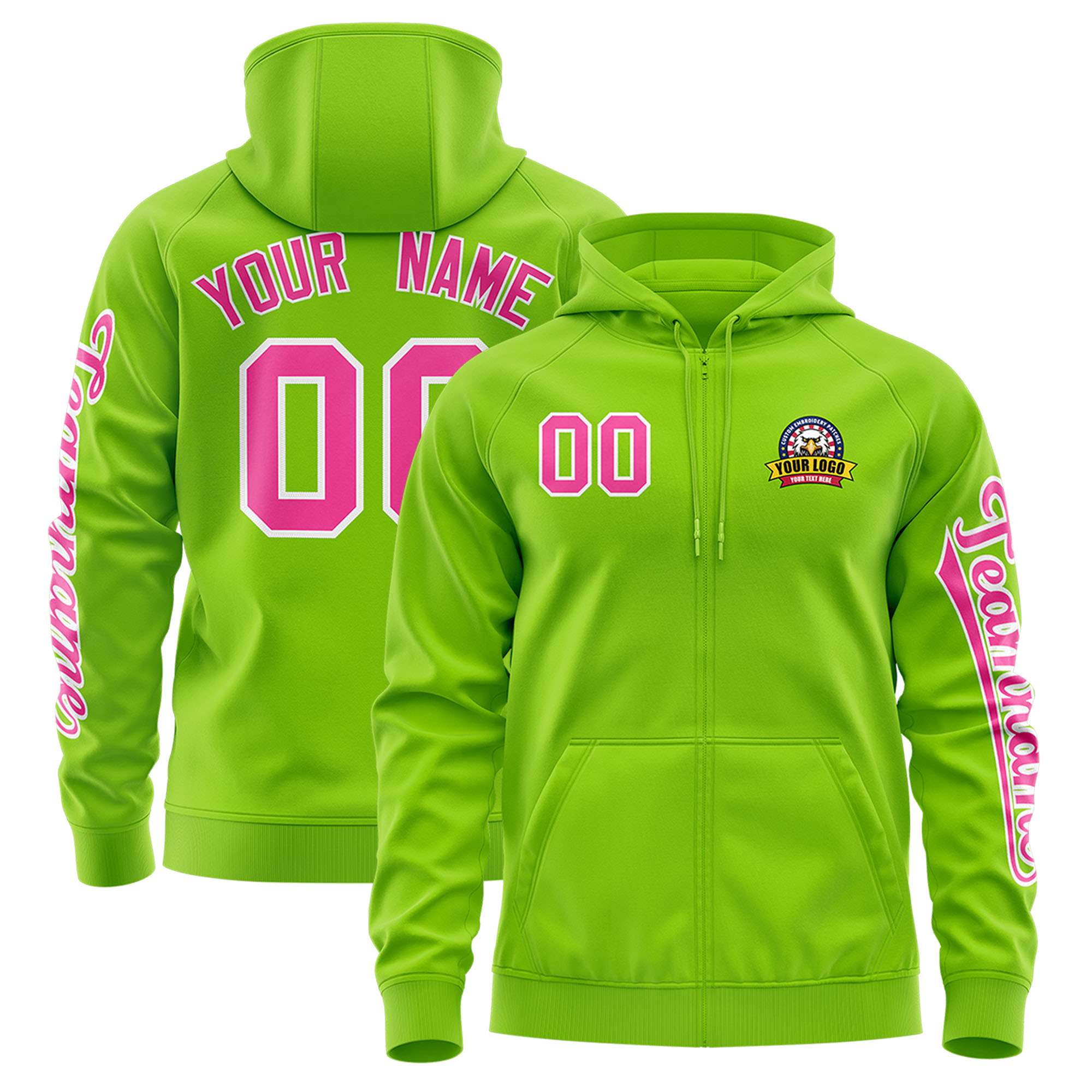 Custom Neon Green Pink Varsity Full-Zip Letterman Classic Hoodie Jacket