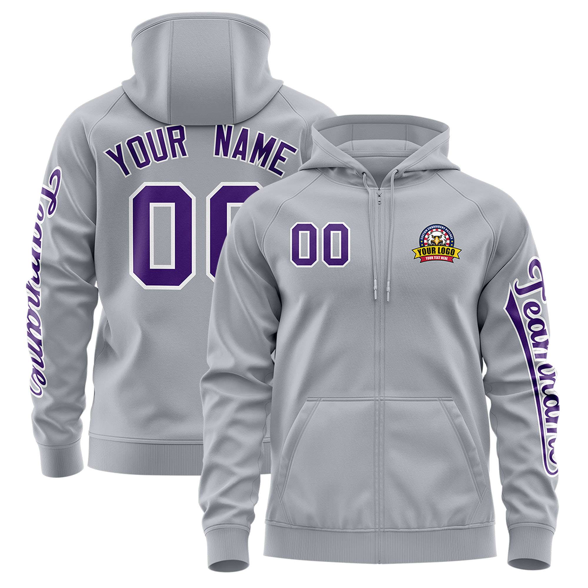 Custom Gray Purple Varsity Full-Zip Letterman Classic Hoodie Jacket