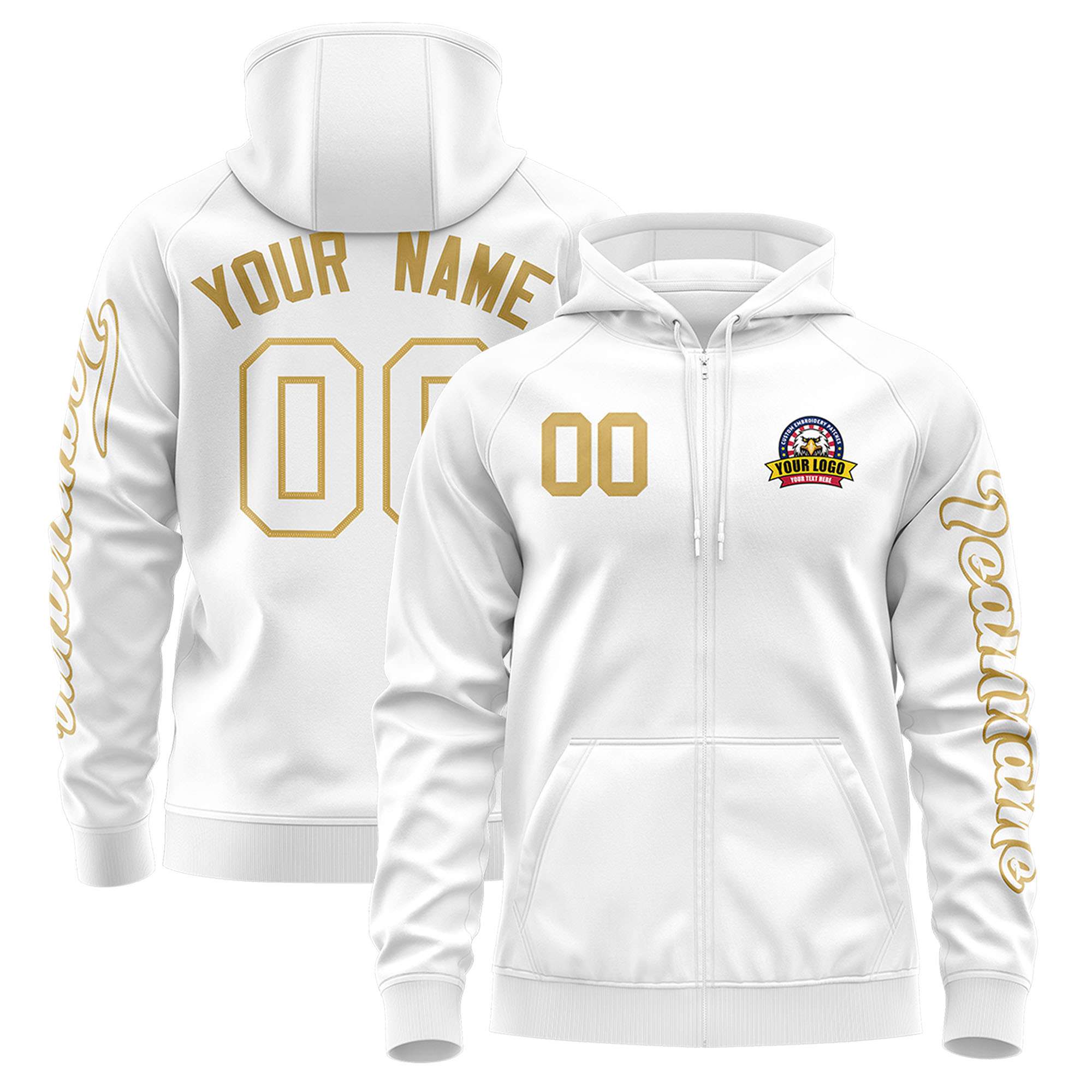 Custom White Old Gold Varsity Full-Zip Letterman Classic Hoodie Jacket