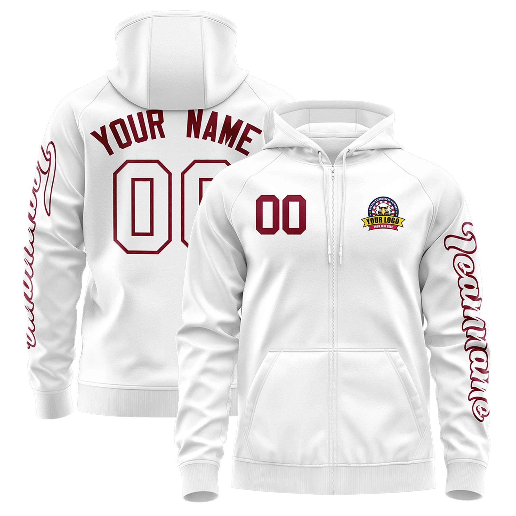 Custom White Crimson Varsity Full-Zip Letterman Classic Hoodie Jacket